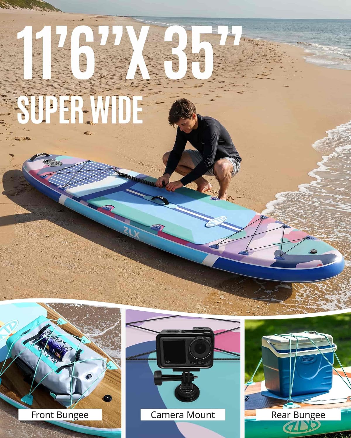 ZLX 11'6'x35' Ultra Wide Inflatable Stand Up Paddle Board | Stable Non-Slip Deck Pad, Unique Fin System, Premium SUP Accessories & Backpack - Upgraded Pump for Adults, All Skill Levels