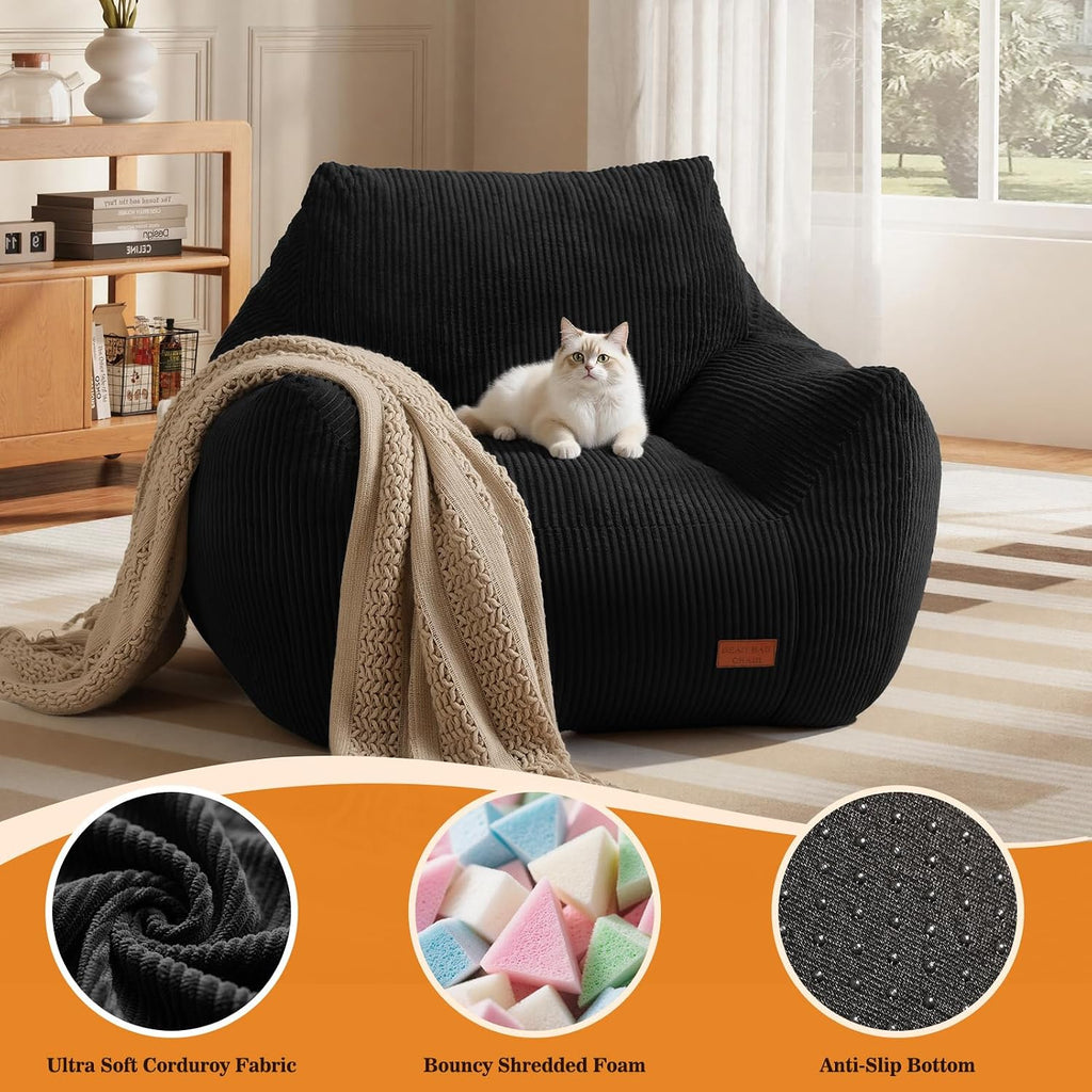 Big Bean Bag Chair for Adults, Ultra Soft Living Room Bean Bag with Armrests, Stuffed BeanBag Chair for Napping, Gaming, Vacuum-Compressed for Easy Gifting, 48 Hours to Fluffs Up, Black
