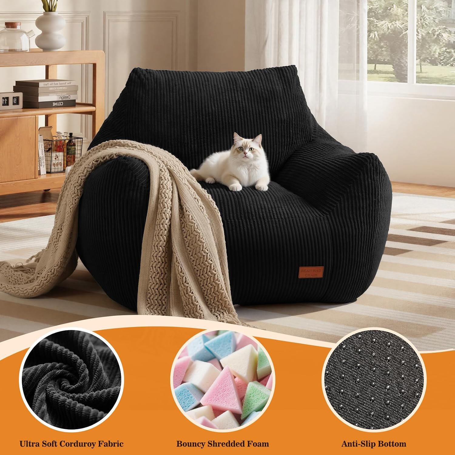 Big Bean Bag Chair for Adults, Ultra Soft Living Room Bean Bag with Armrests, Stuffed BeanBag Chair for Napping, Gaming, Vacuum-Compressed for Easy Gifting, 48 Hours to Fluffs Up, Black