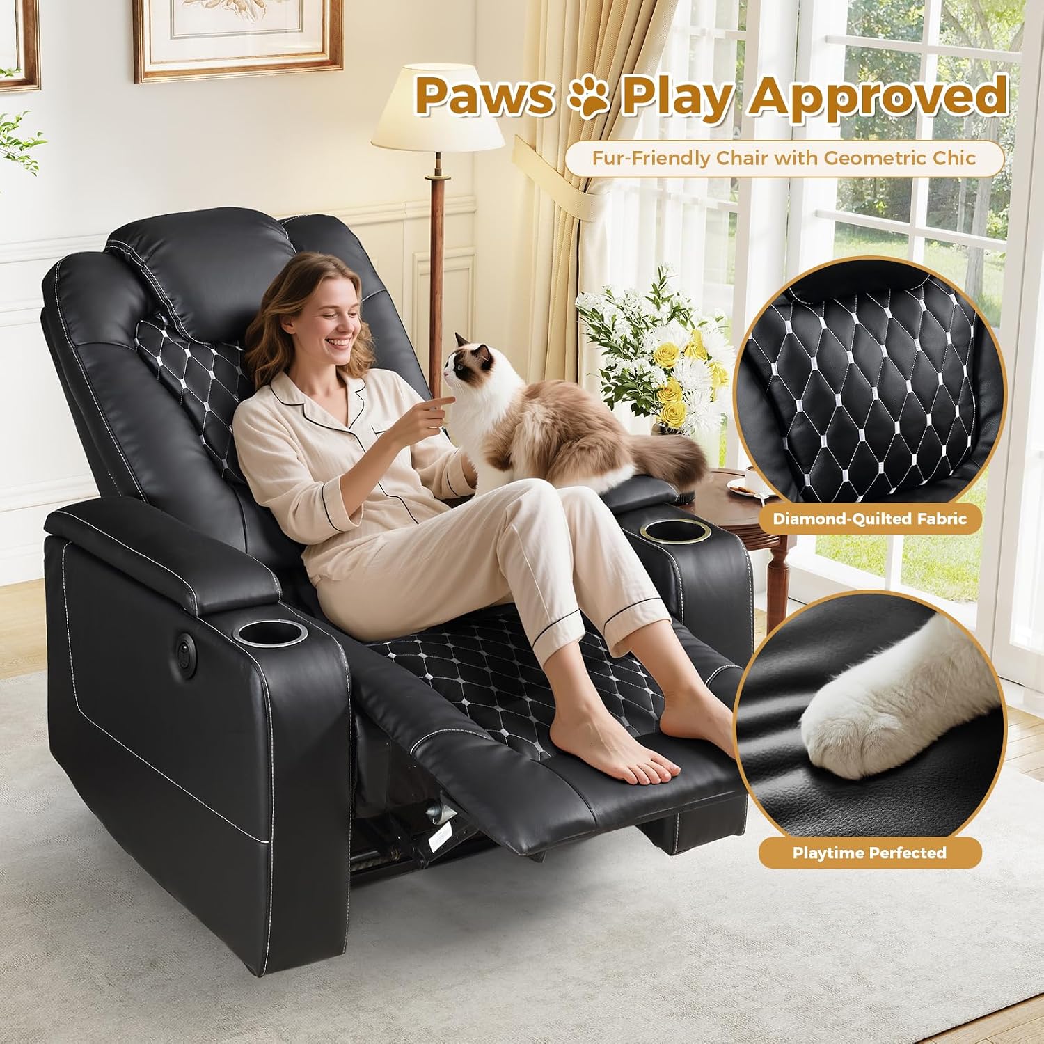 ANJ Power Recliner Chair Set of 3, Electric Soft Faux Leather Reclining Home Faux Theater Seating - USB Ports, Cup Holders, Hidden Arm Storage Movie & Media Room Chairs (Black)