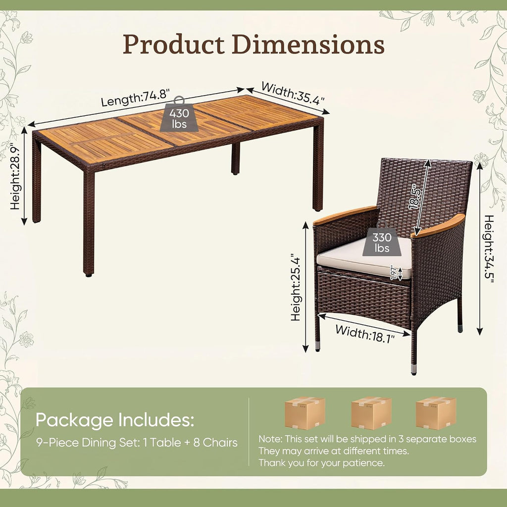 Greesum 9 Pieces Outdoor Patio Dining Set, Conversation Sets with 1 Table and 8 Rattan Chairs with Curved Acacia Wooden Armrests and Cushions, Brown