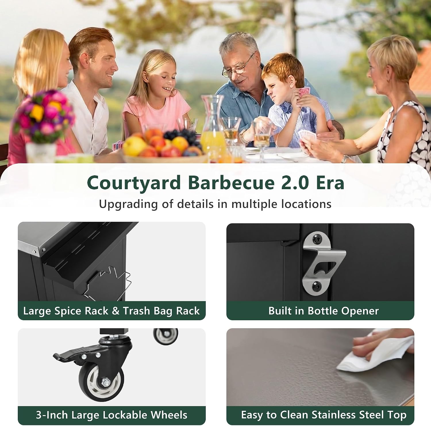Merax 72.4' Large Grill Table for Large Big Green Egg, Metal Outdoor Grill Cart with Fold-Out Prep Table, Adjustable Shelves, Spice Rack, Outdoor Kitchen Island for Big Green Egg, Kamado Joe Classic