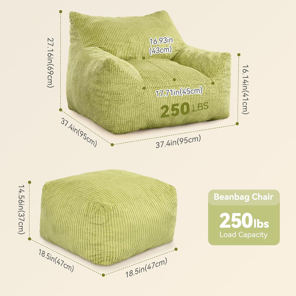 INMOZATA Bean Bag Chair, Beanbag Chair with Ottoman, Cloud Boneless Couch for Adults & Teens, Oversized Memory Foam Beanbag Set, Plush Corduroy Lounge Sofa Gift (Green)