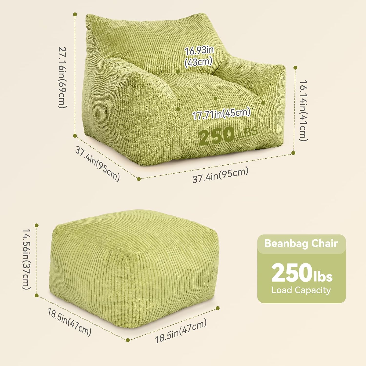 INMOZATA Bean Bag Chair, Beanbag Chair with Ottoman, Cloud Boneless Couch for Adults & Teens, Oversized Memory Foam Beanbag Set, Plush Corduroy Lounge Sofa Gift (Green)