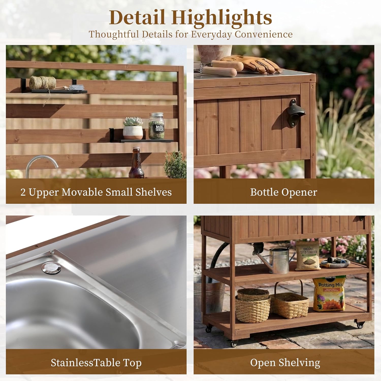 LUMISOL Outdoor Potting Bench Table with Sink and 2 Movable Shelves, Rolling Kitchen Cart with Stainless Table Top, 41.7'' Large Solid Wood Garden Workstation with 1 Bottle Opener, Brown