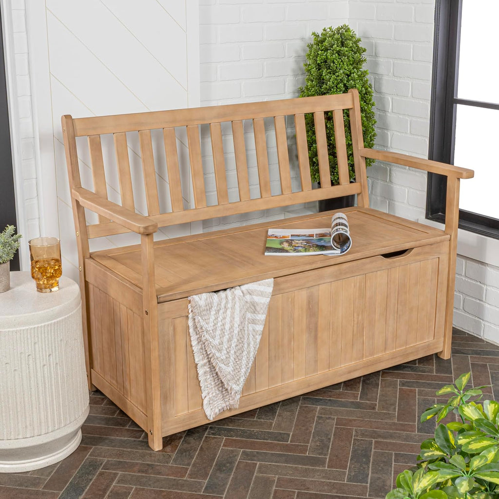 happimess STB1000A Sophie 48' Traditional Farmhouse Lift-Top Acacia Wood Storage & Entry Bench, Light Teak Matte Finish, with Seating & Armrest for Patio, Garden, Porch, Backyard, Poolside