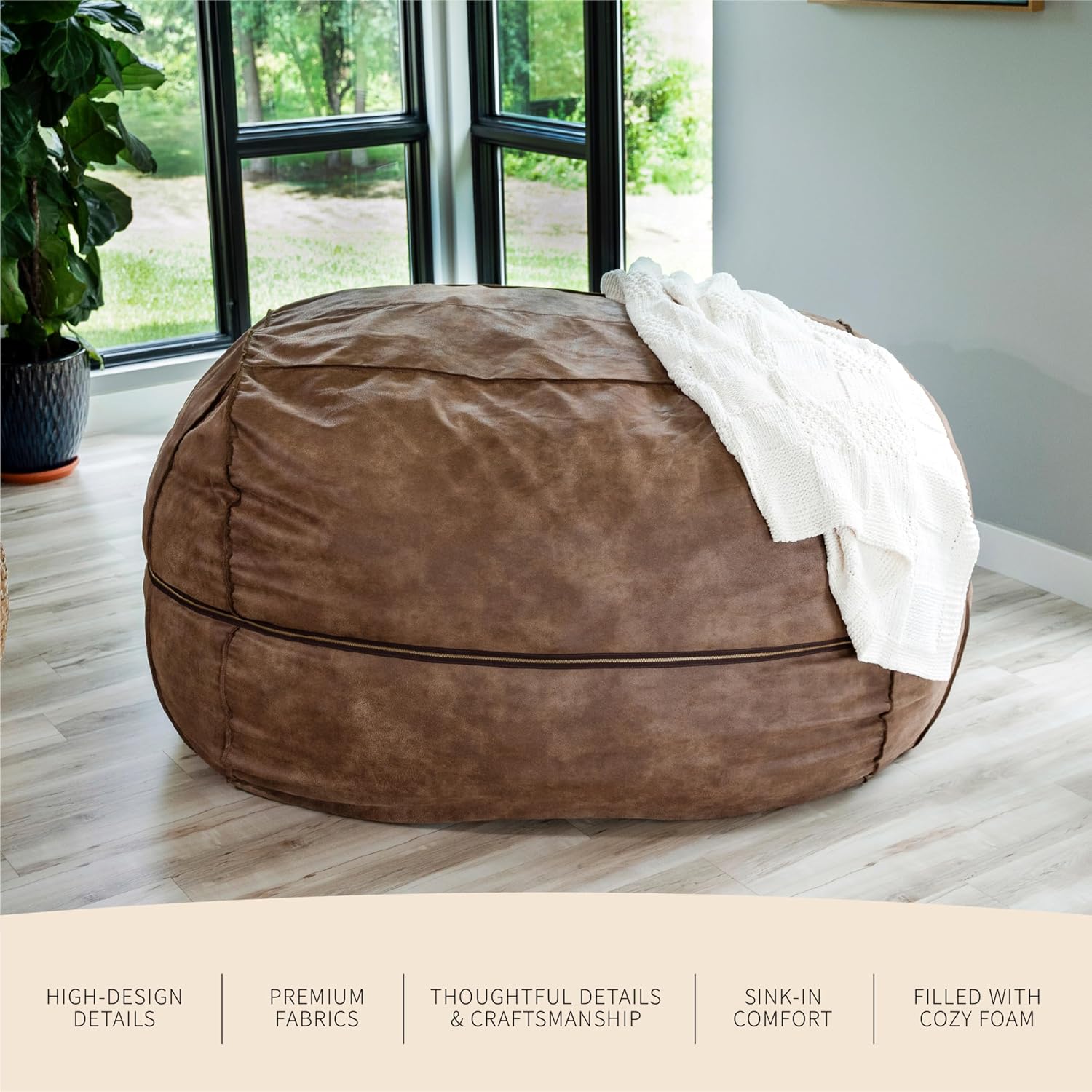 Big Joe Fuf 8Ft Giant Foam Bean Bag Chair, Oversized Couch with Removable Cover for Kids, Teens, Adults, Coffee Soft Vegan Leather, 8 Foot