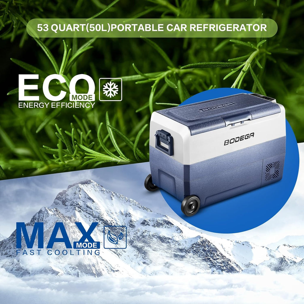 BODEGACOOLER 12 Volt Portable Car Refrigerator 53 Quart,Single Zone Car Freezer Fridge Bluetooth Control,(50L) -4℉-68℉ Electric Cooler 12/24V DC and 100-240V AC for Travel,Camping,RV, Road Trip