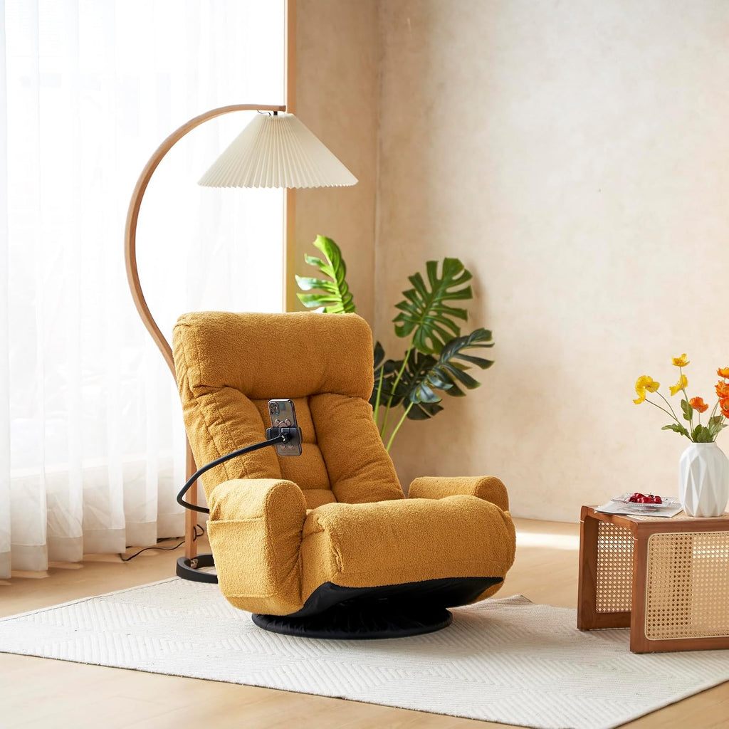 360° Swivel Floor Gaming Chair with 5 Position Adjustable, Folding Gaming Sofas with Phone Holder & Pockets, Cushion Padded Chaise Lounge Chair for Adults, Home Office Floor Leisure Chairs, Yellow