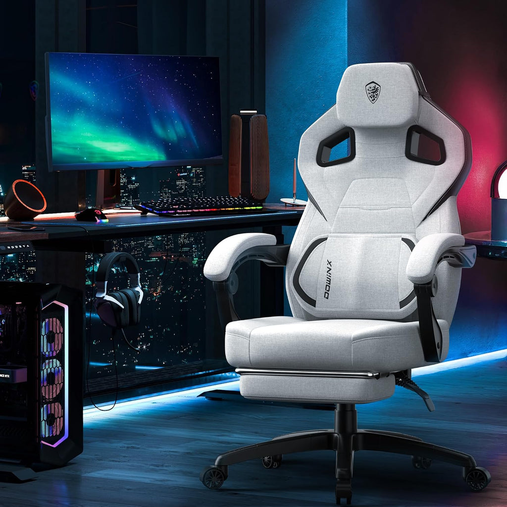 Dowinx Fabric Gaming Chair with Footrest, 350lb Big and Tall Gamer Chair, Wide Seat Ergonomic Computer Chair with Lumbar Massage Support, Wide Back Office Chair for Heavy People(Grey)