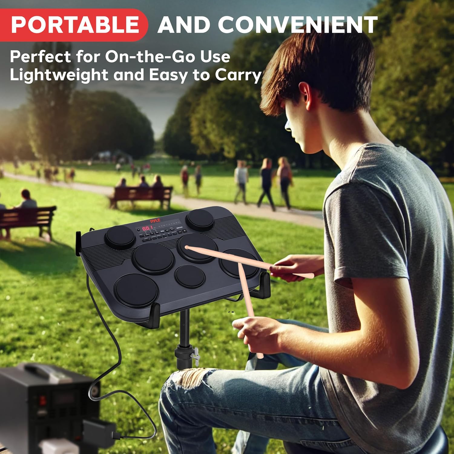 Pyle Electronic Tabletop Digital Drum Set, Compact Portable Drum Pad Kit w/ 7 Touch Sensitive Drum Pads and Pedals, 273 Sounds, USB & Headphone Outputs, MIDI/AUX Inputs, 4x5' Drums & 3x3.5' Cymbals