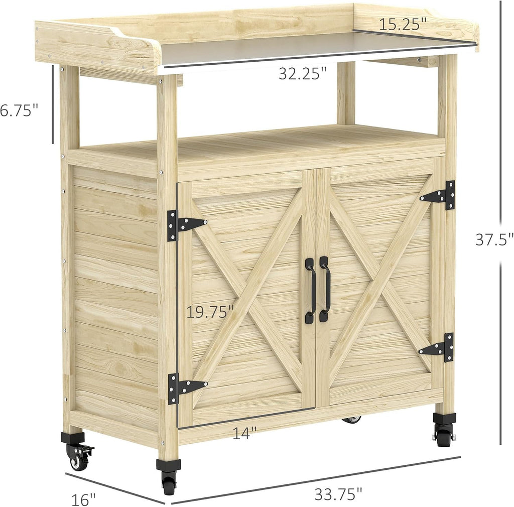 Outsunny Outdoor Wooden Potting Bench Table, Garden Workstation with Storage Cabinet, Aluminum Table Top, Rubber Wheels for Backyard, Patio, Balcony, Natural Wood