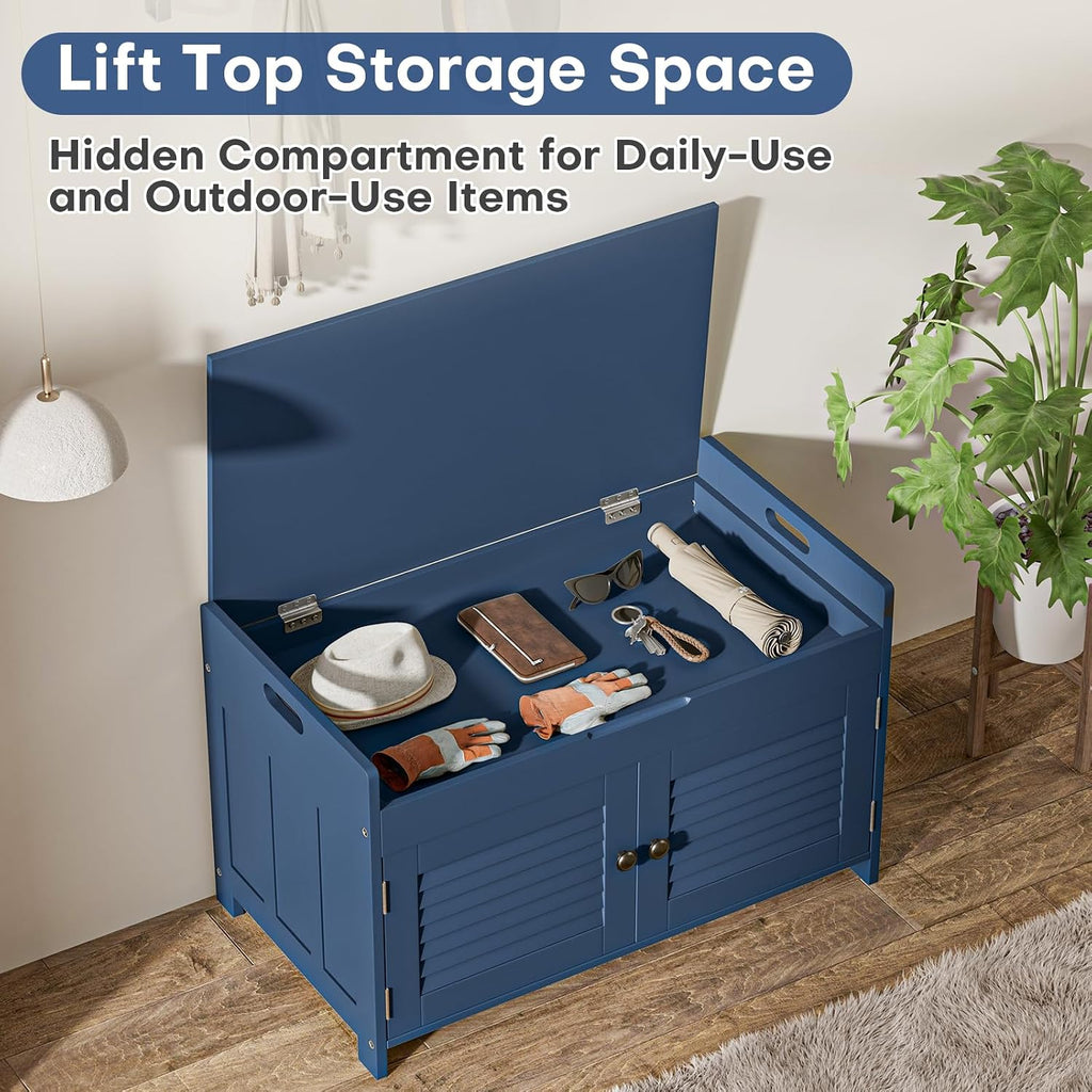 WARMHONIU Shoe Storage Bench with Lift Top Storage, Entryway Bench with Cushioned Seat, Adjustable Shelf, 2 Tier Shoe Rack with Doors for Entryway, Bedroom, Hallway, Mudroom, Blue