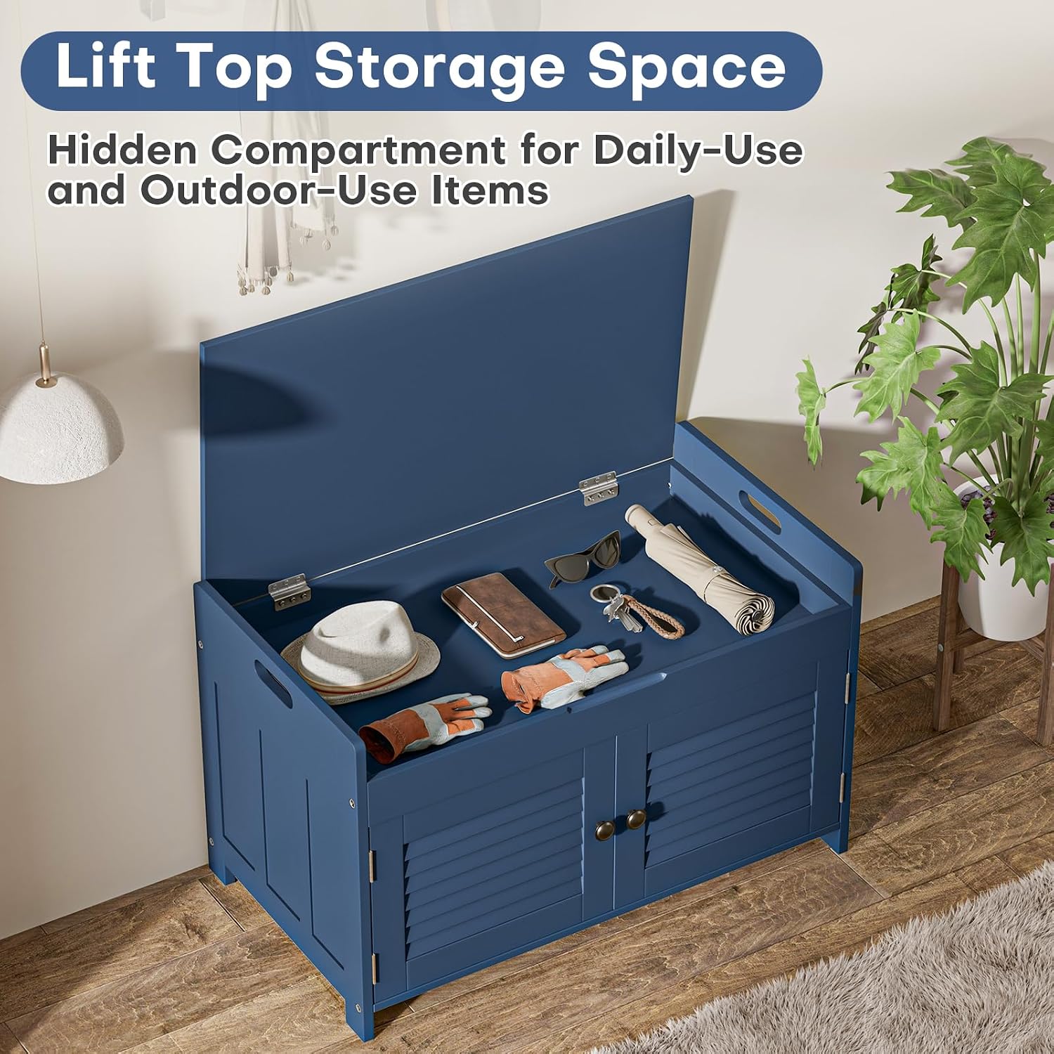 WARMHONIU Shoe Storage Bench with Lift Top Storage, Entryway Bench with Cushioned Seat, Adjustable Shelf, 2 Tier Shoe Rack with Doors for Entryway, Bedroom, Hallway, Mudroom, Blue