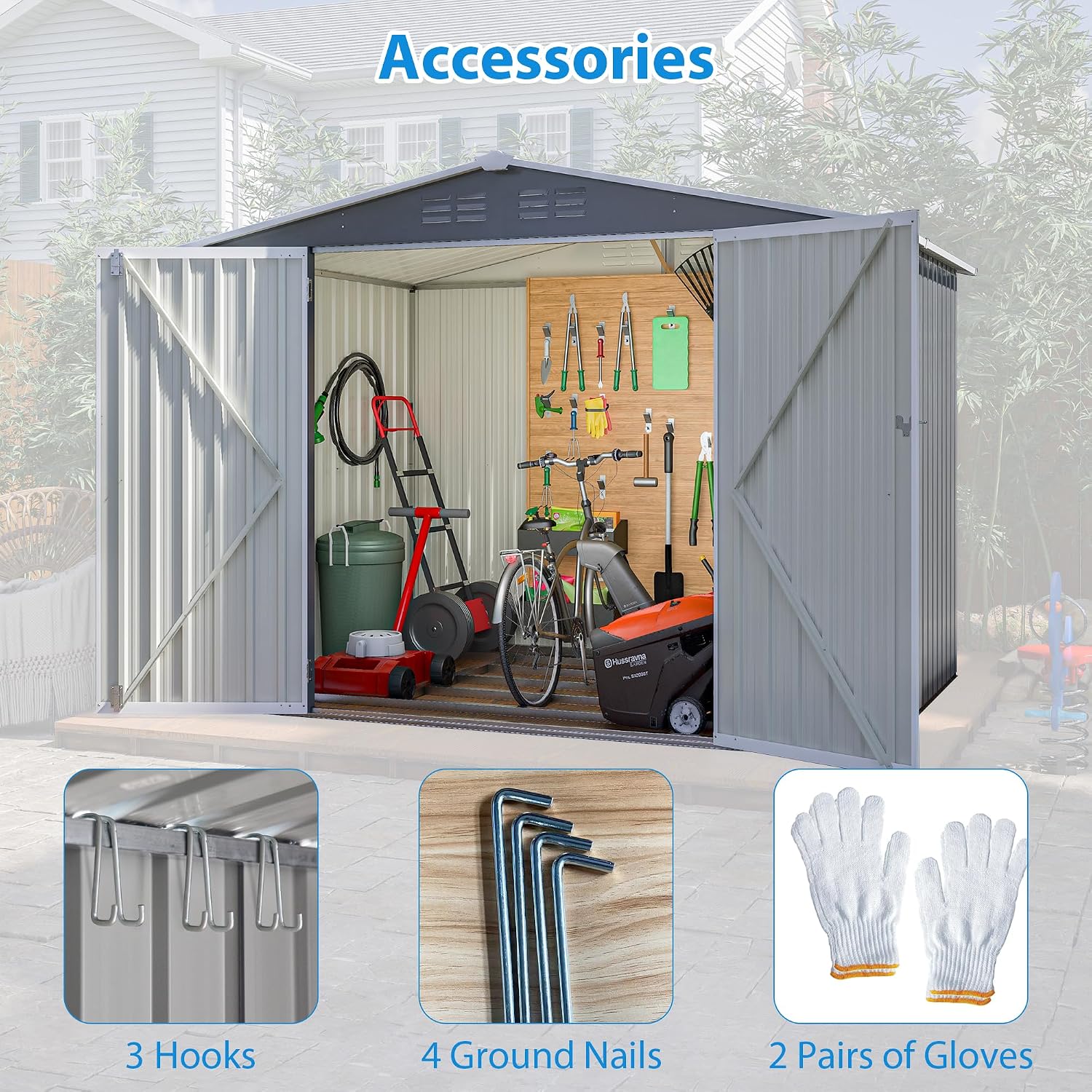 10x8 ft Outdoor Storage shed All Weather Metal Garden shed with Lockable Double Doors Tool Storage for Backyard Patio Lawn and Garden Organization Large Capacity (8x6 ft Grey with Floor Frame)