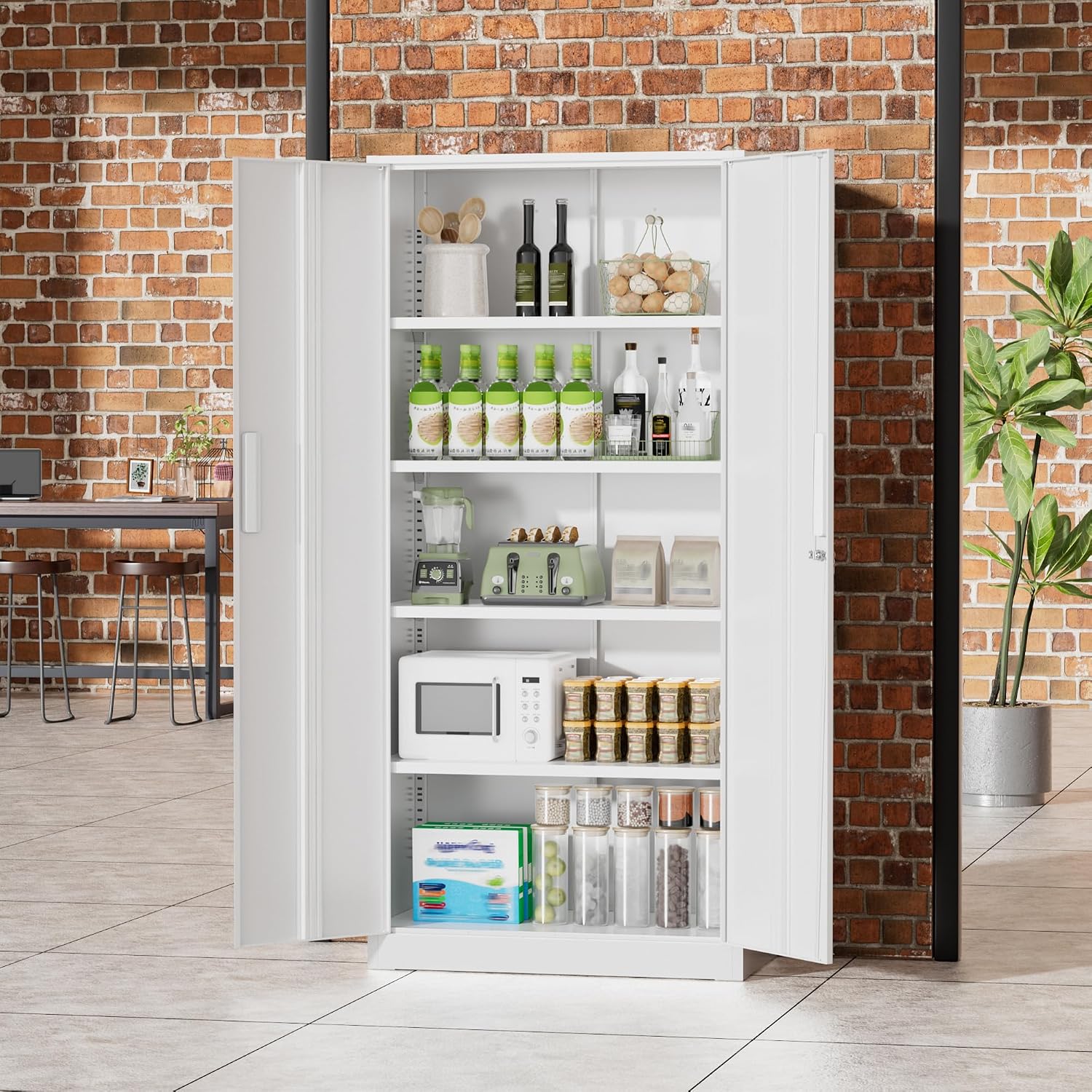 Greenvelly Metal Storage Cabinet, 72' Locking Metal Garage Storage Cabinet with Doors and 4 Adjustable Shelves, White Lockable Steel Cabinet for Home Office, Garage, Shop, School (32' W x 16' D)