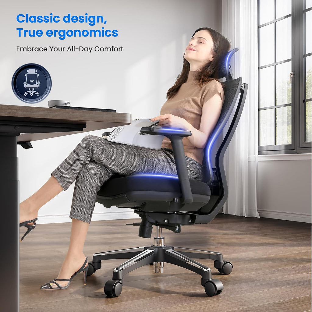 OdinLake L2 Ergo PRO 633 Ergonomic Office Chair with Footrest - Adjustable Seat Depth, 3D Armrests & Lumbar Support, Mesh High Back with Memory Foam Cushion, Gaming Chair with Headrest for Long Hours