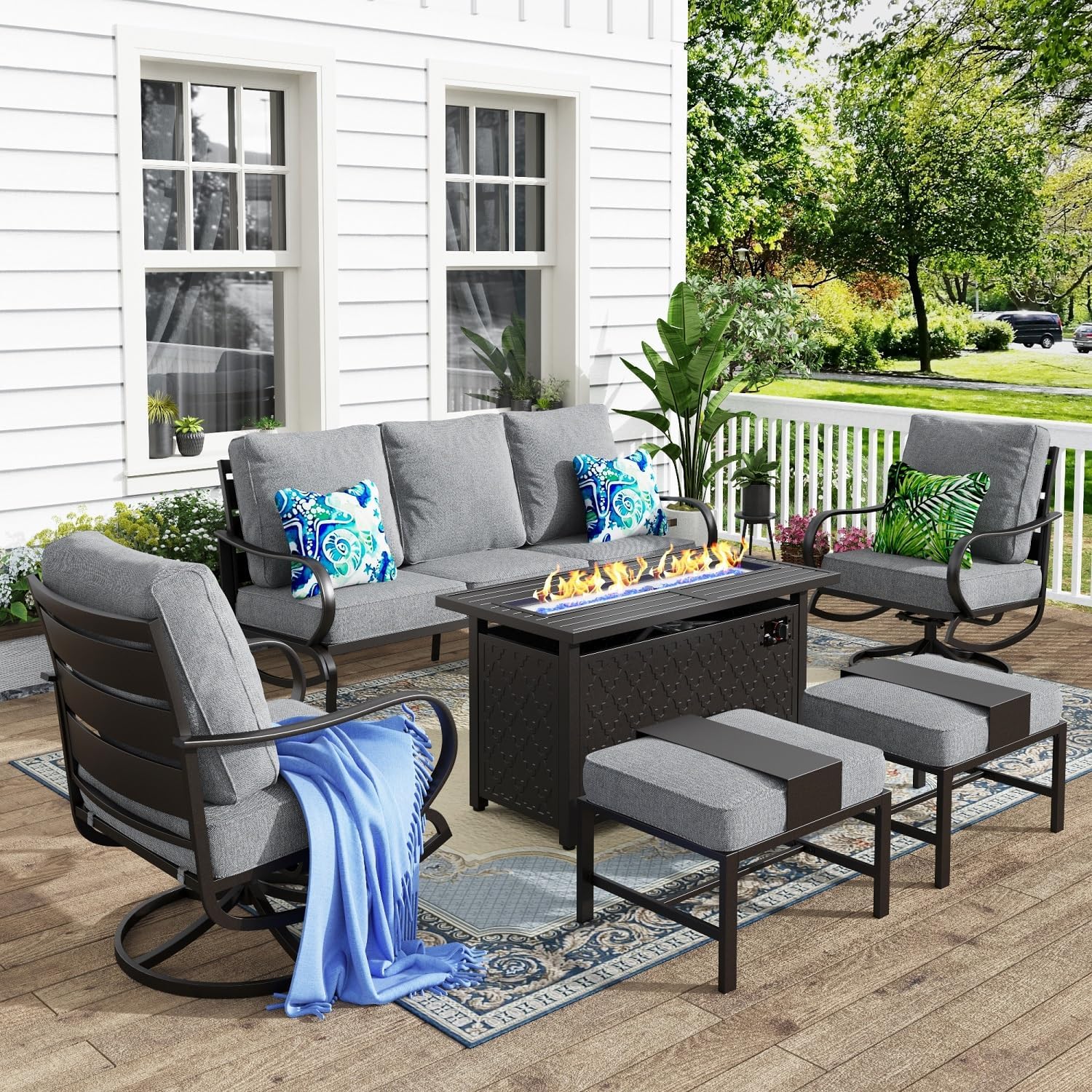 MFSTUDIO 6 Pieces Patio Furniture Sets with 45' Gas Fire Pit Table(Up to 7 Seat),Outdoor Metal Frame Patio Conversation Sofas with 1 x 3-Seat Sofa, 2 Swivel Chairs and 2 Ottoman, Grey Cushion