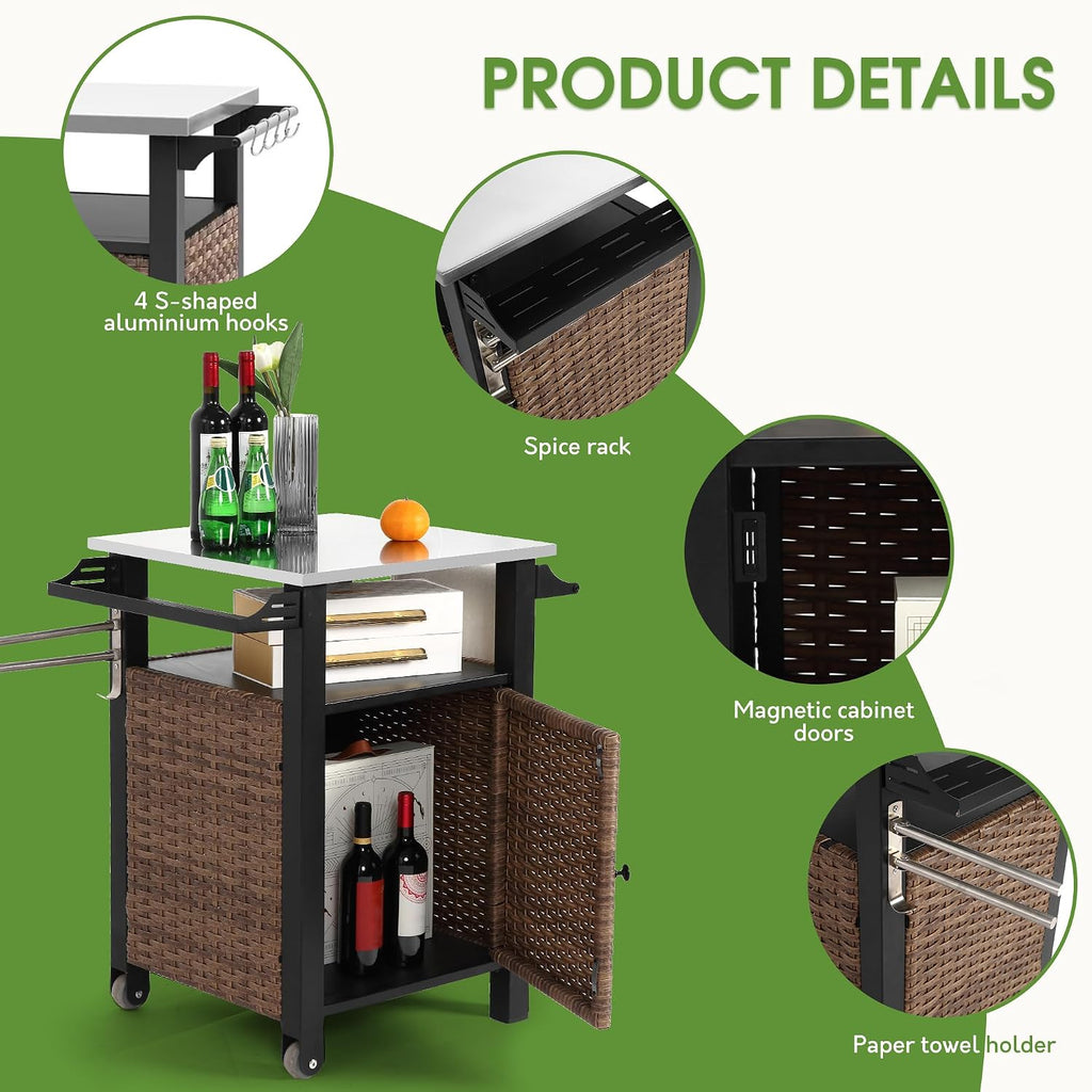 HOMEFUN Kitchen Island Cart Wicker Grill Prep Station & Stainless Steel Outdoor Serving Bar Table with Hooks Wheels Poolside Patio Grassland (Small)