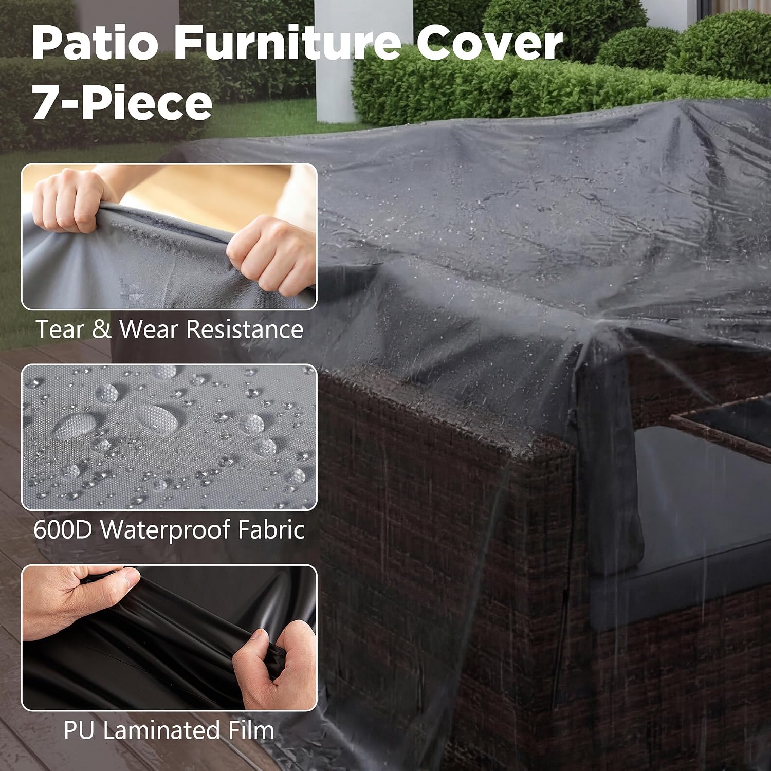 LHBcraft Patio Furniture Set,7 Pieces Outdoor Wicker Rattan Patio Furniture with Rain Cover, Wicker Rattan Outdoor Sectional Sofa Set with Coffee Table for Garden, Taupe-Blue