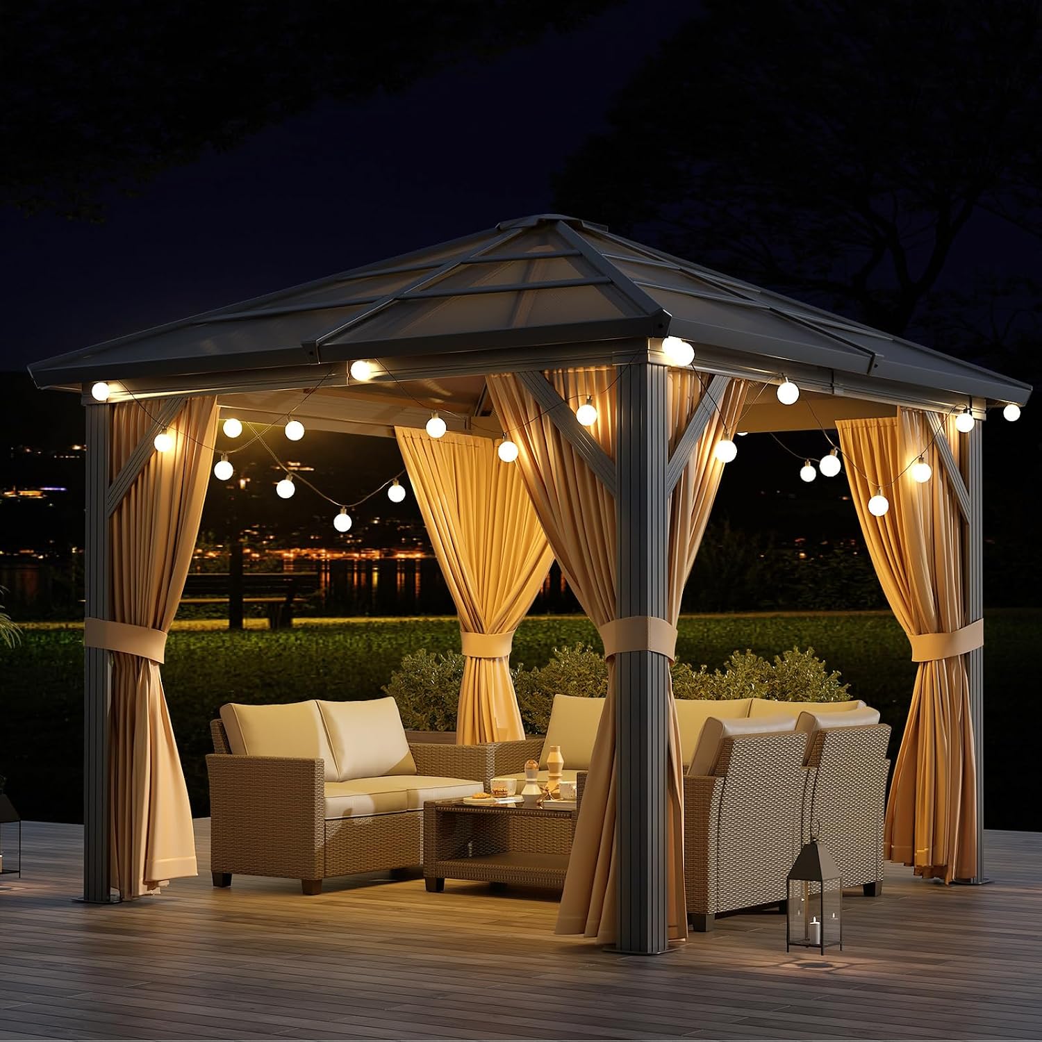 10x12ft Gazebo, Hardtop Outdoor Canopy Aluminum Frame Permanent Gazebo with Netting and Curtains, Polycarbonate Garden Tent for Patio, Lawn, Backyard, Deck (10'x12')