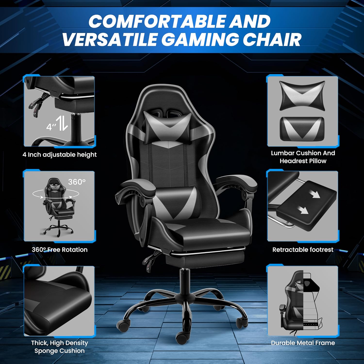 YSSOA Gaming Chair, Computer Chair with Footrest, Height Adjustable & 90°-135° Tilt Function, Swivel Recliner Ergonomic Racing Style Video Game Chair with Lumbar Support (Black/Grey)