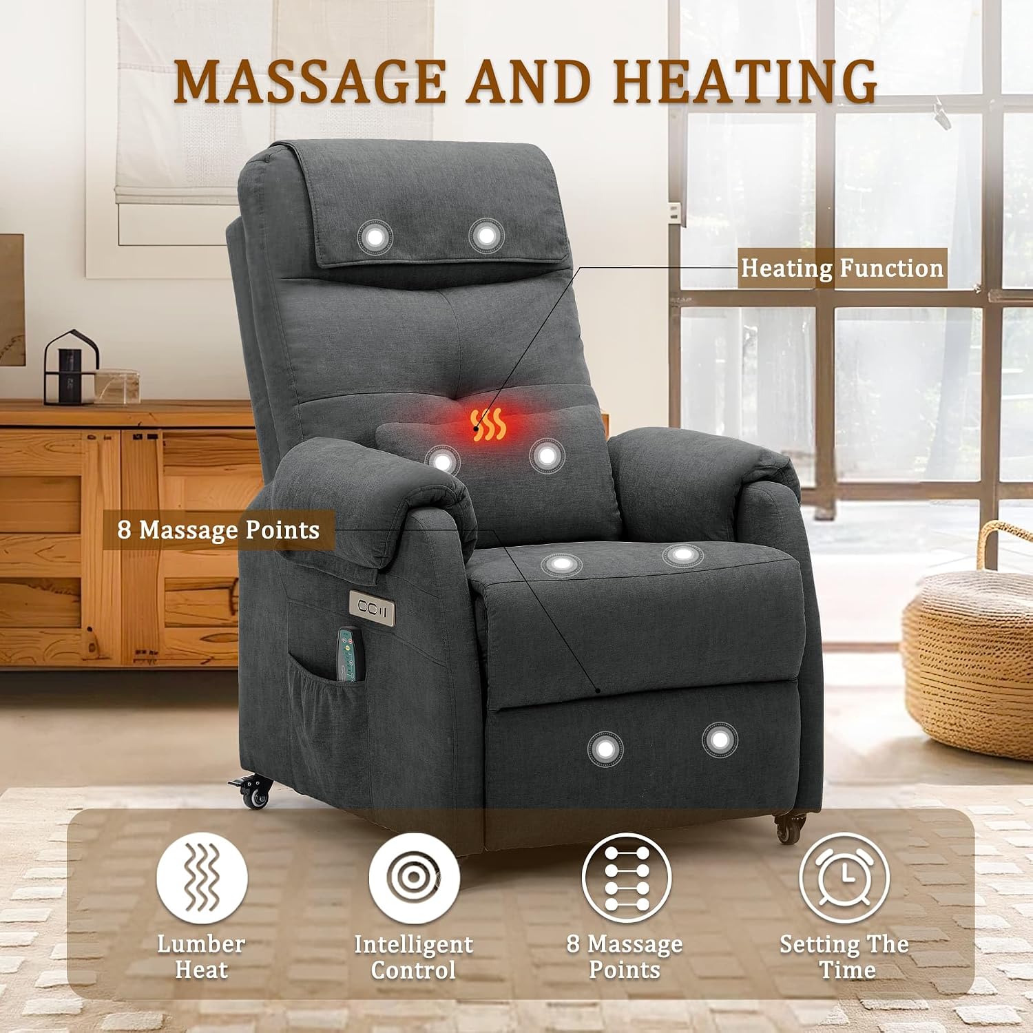 Korser Power Recliner Chair for Adults, Recliner for Small Spaces with Rollers, Electric Chair with Massage and Heat, USB and Type-C Charge Port, Fabric Recliner Chair for Living Room, Bedroom