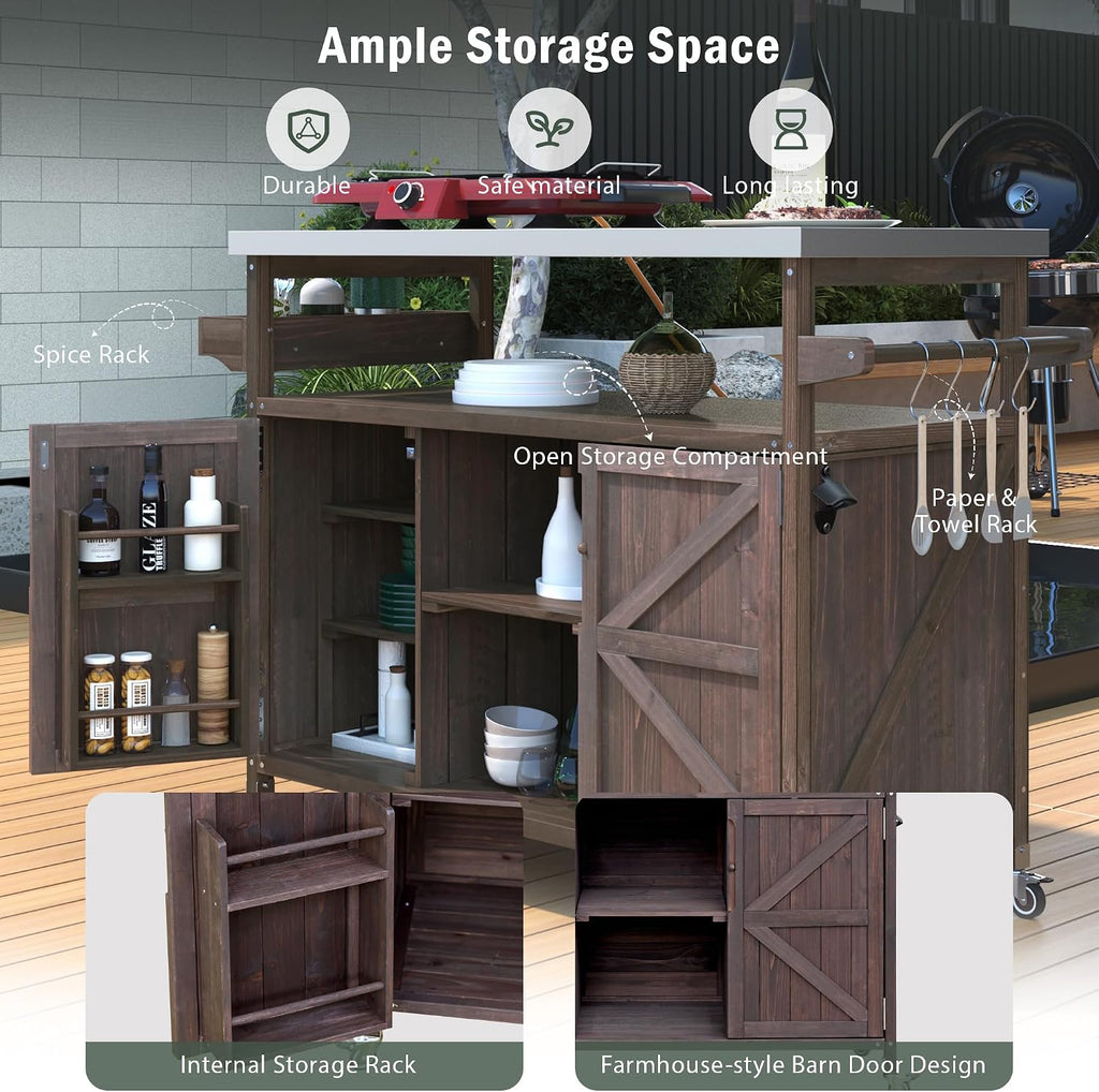 Outdoor Grill Cart with Storage, Farmhouse Outdoor Storage Cabinet with Stainless Steel Top, Wood Bar Patio Kitchen Island with Spice Rack, Towel Holder, Hooks & Locking Wheels for Patio BBQ(Brown)
