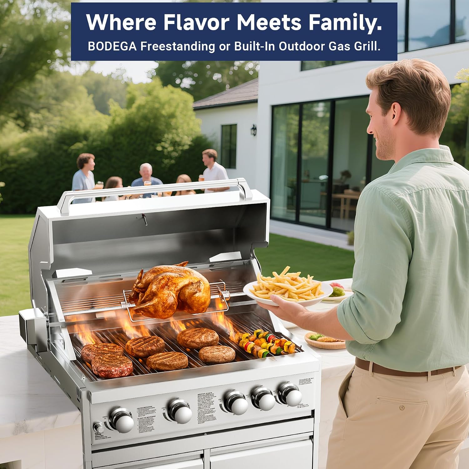 BODEGA 5 Burner Built In Gas Grill Island Head, Stainless Steel 30 Inch Propane Grill with Rear Burner, 58000 BTUs, 988.5 SQ In Racks, Dual Fuel Compatibility, Gas Grill Outdoor Cooking, BBQ Fork Kit.