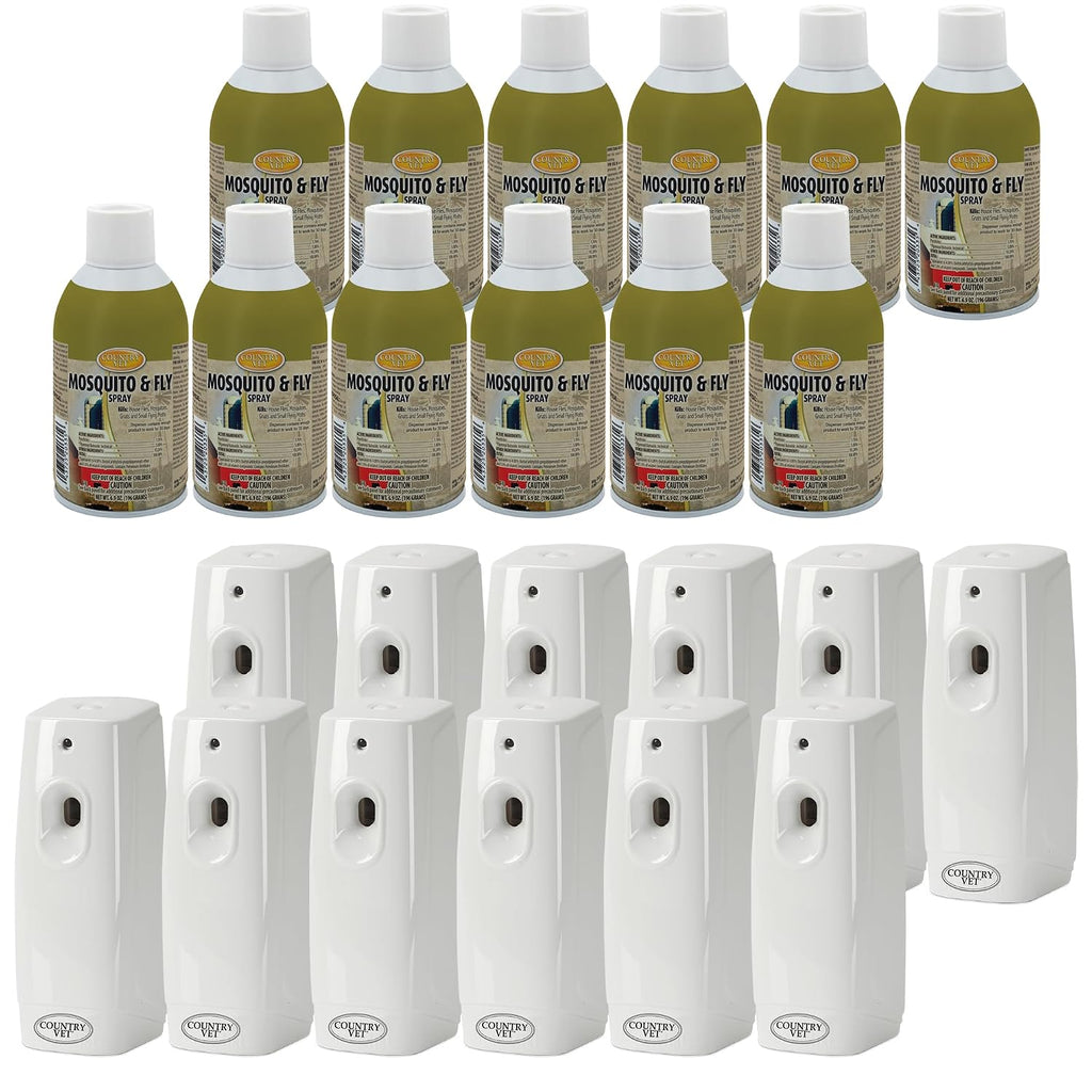 Country Vet Mosquito+Fly Metered Spray Refill (Case of 12) & Automatic Metered Dispenser (Case of 12) - 342033CVA - Great for Barns, Stables, Farms, Stalls and Outdoor Insect/Fly Prevention
