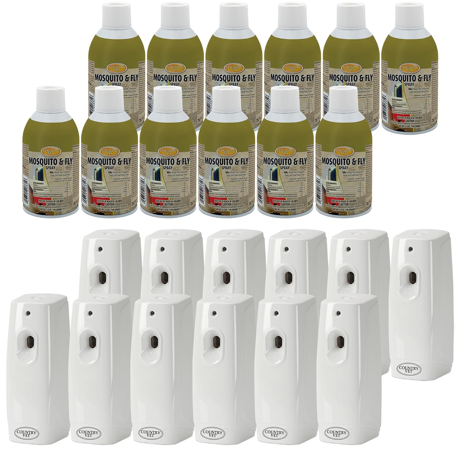 Country Vet Mosquito+Fly Metered Spray Refill (Case of 12) & Automatic Metered Dispenser (Case of 12) - 342033CVA - Great for Barns, Stables, Farms, Stalls and Outdoor Insect/Fly Prevention