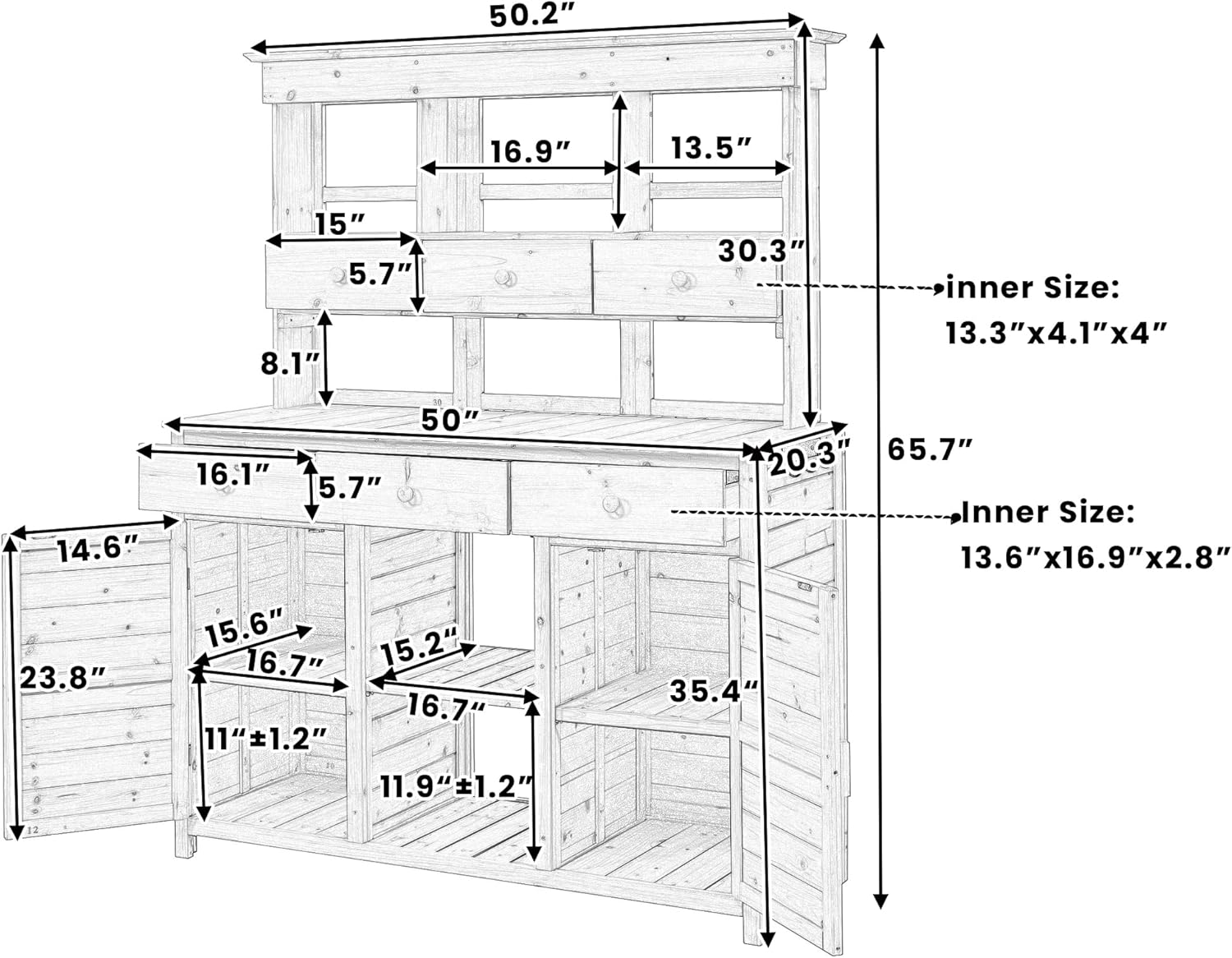 LUMISOL Outdoor Potting Bench Table with Hutch, Solid Fir Wood Patio Storage Workstation with 3 Shelves, 6 Drawers, 2 Bottom Cabinet and Side Hooks for Mudroom, Doorway, White