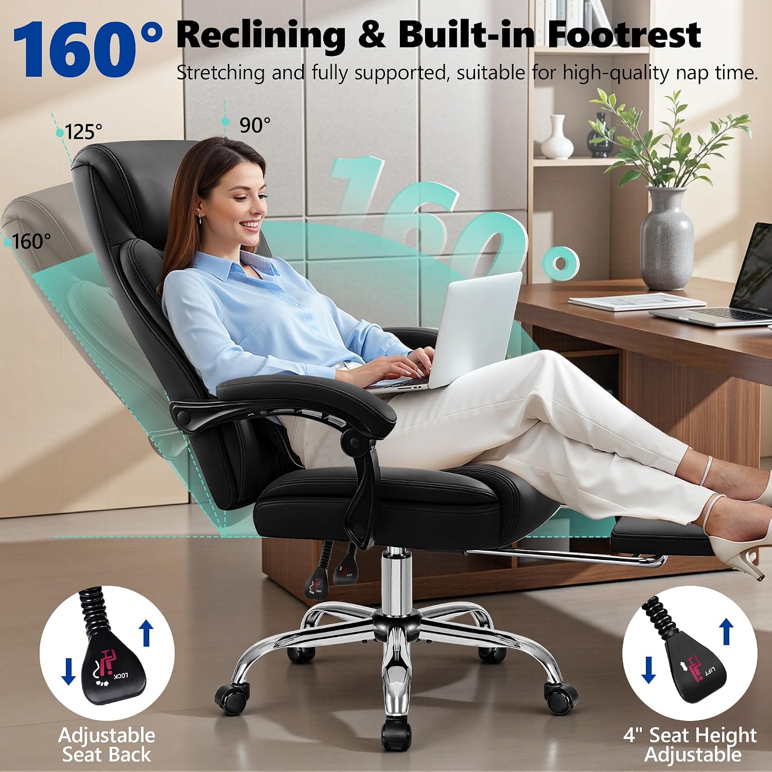 Big and Tall Office Chair 400lbs - Wide Memory Foam Seat with Spring Pack, Reclining Executive Desk Chair with Footrest, Ergonomic Heavy Duty High Back Computer Chair, Black