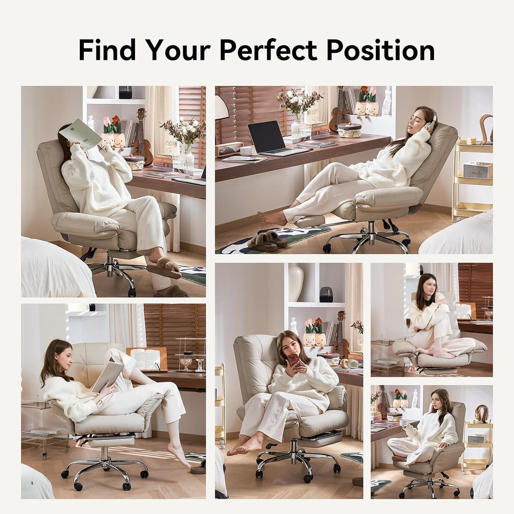 EMIAH Office Chair with Foot Rest Criss Cross Chair with Wheels and Flip-up Arms Reclining Desk Chair Comfy Wide Seat PU Leather Rolling Computer Home Office Chair (Beige)