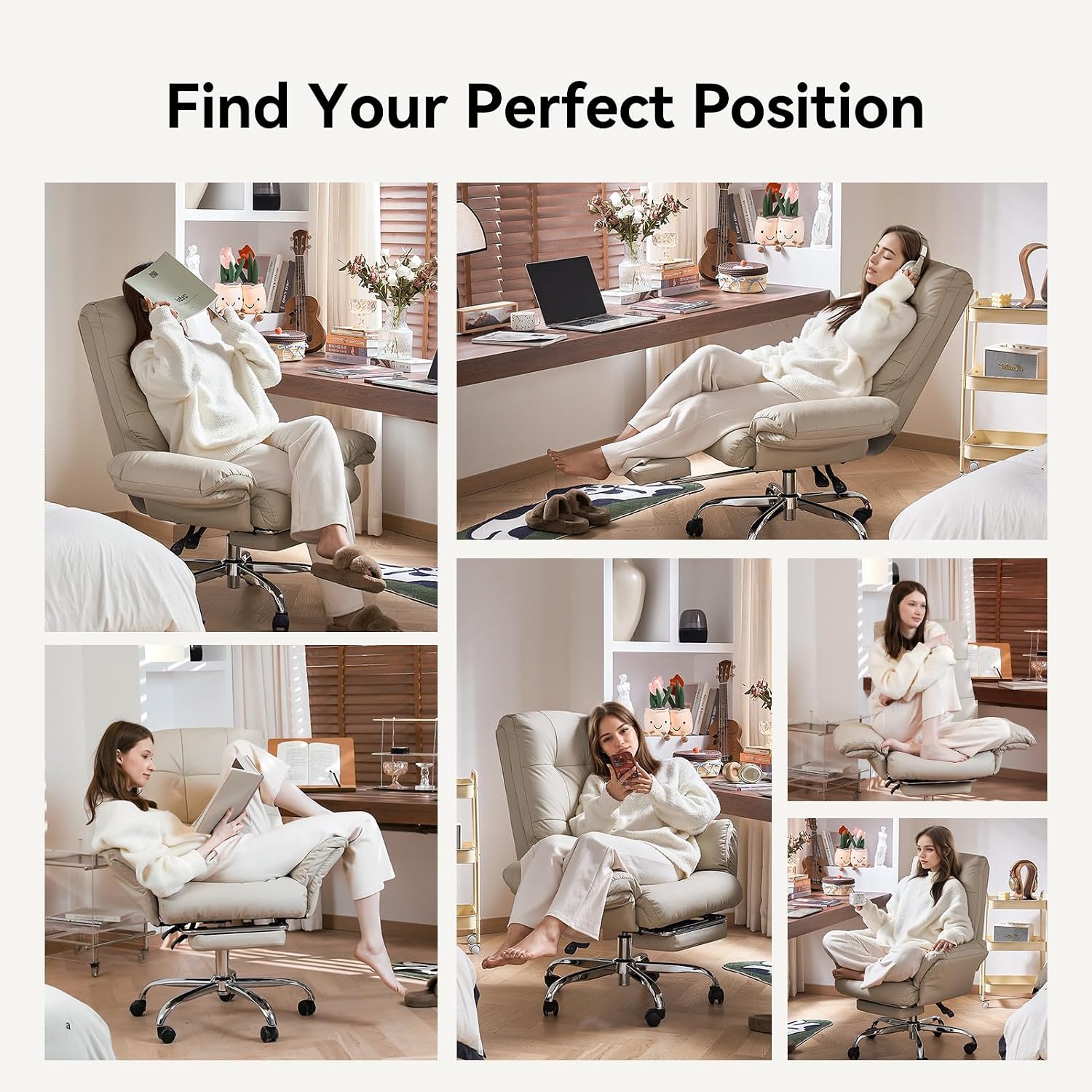 EMIAH Office Chair with Foot Rest Criss Cross Chair with Wheels and Flip-up Arms Reclining Desk Chair Comfy Wide Seat PU Leather Rolling Computer Home Office Chair (Beige)