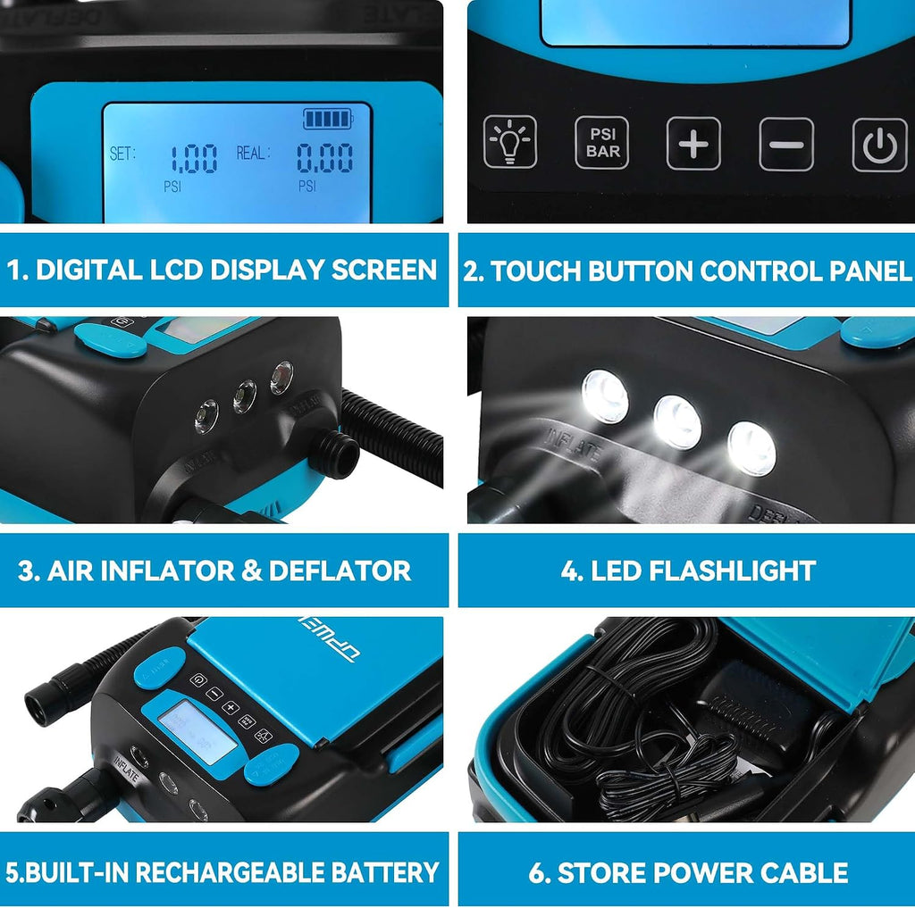 UPWELL Rechargeable Paddle Board Pump 16PSI Sup Air Pump with 6000mah Battery, 12V DC Car Connector Intelligent Dual Stage Inflation & Auto-Off Feature, Deflation Function