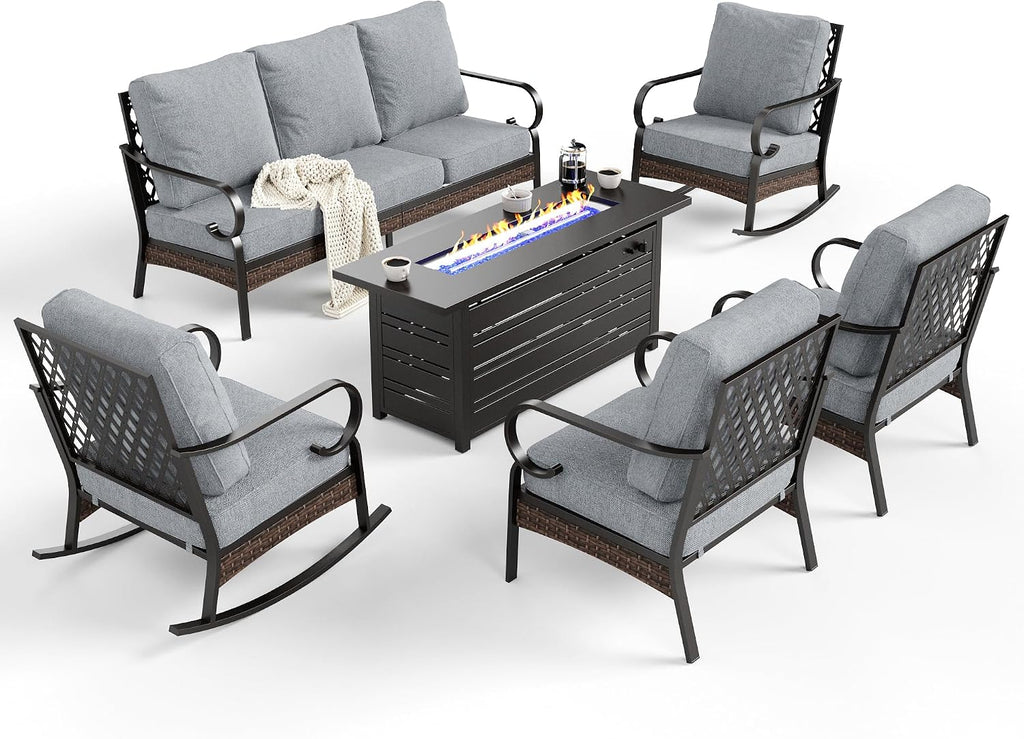 SUNSHINE VALLEY 6 Piece Black Metal Outdoor Patio Furniture Sets with Firepit Table, Patio Conversation Sets 1 3-Seater Sofa, 2 Leg Sofa and 2 Rocking Chair with 5.75' Cushion for Backyard Deck, Gray