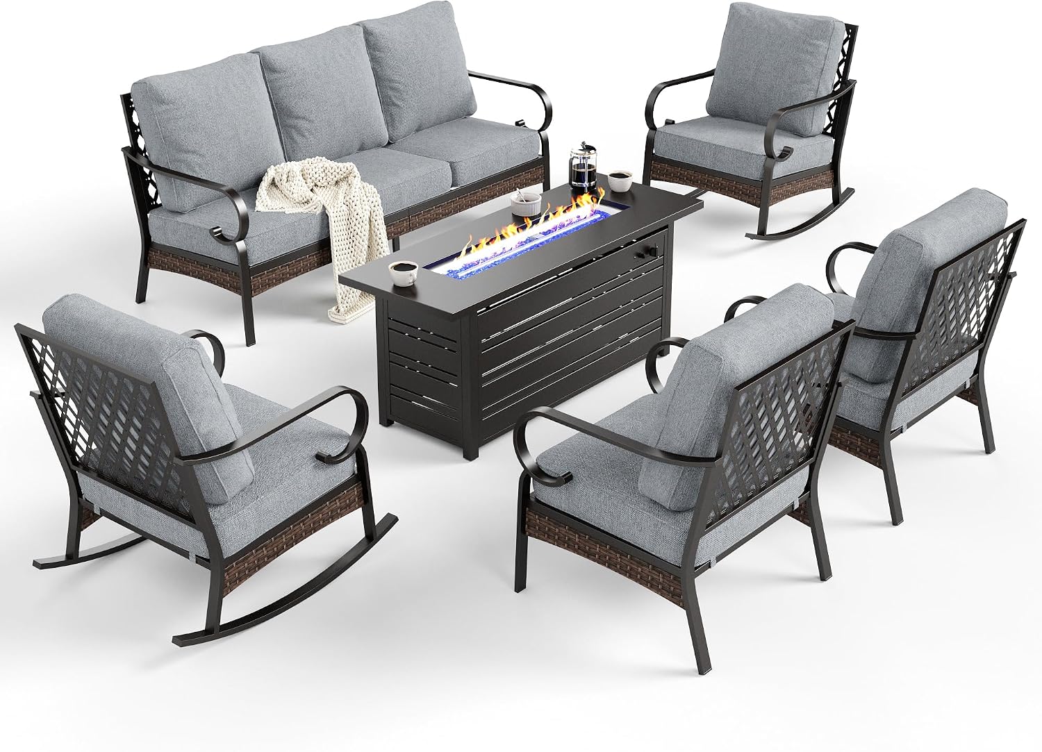 SUNSHINE VALLEY 6 Piece Black Metal Outdoor Patio Furniture Sets with Firepit Table, Patio Conversation Sets 1 3-Seater Sofa, 2 Leg Sofa and 2 Rocking Chair with 5.75' Cushion for Backyard Deck, Gray