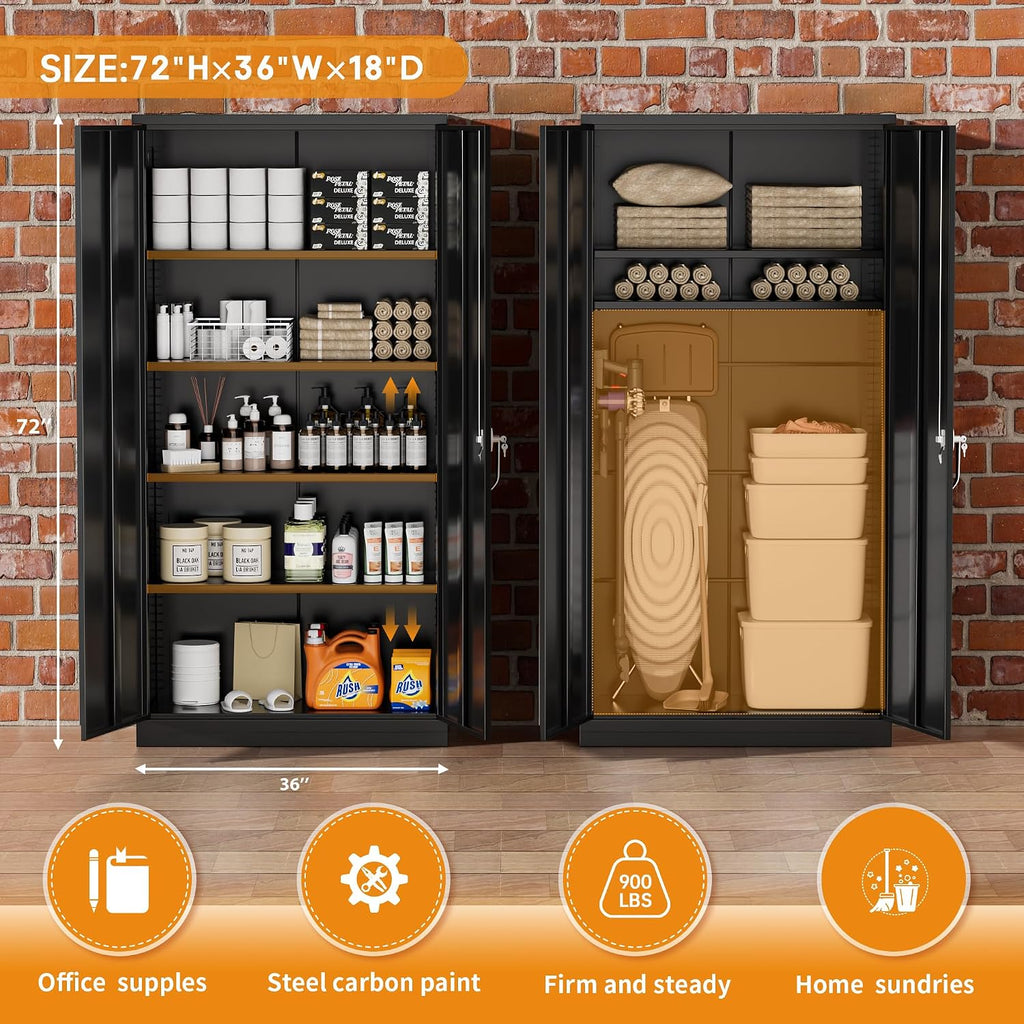 Greenvelly Steel SnapIt Storage Cabinet, 72' Locking Metal Garage Storage Cabinet with 4 Adjustable Shelves, 2 Doors and Lock for File, Office, Garage, Home (Black)