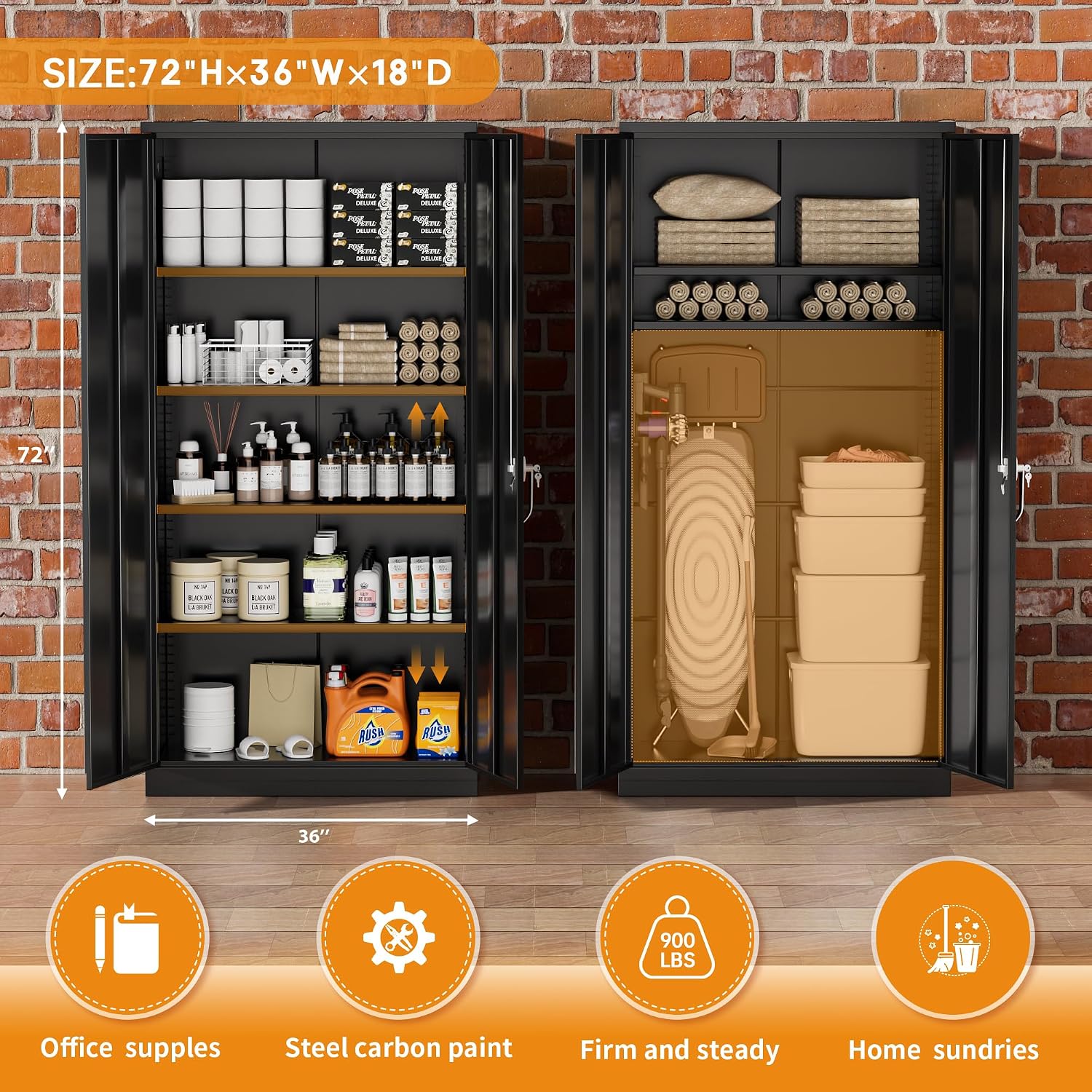 Greenvelly Steel SnapIt Storage Cabinet, 72' Locking Metal Garage Storage Cabinet with 4 Adjustable Shelves, 2 Doors and Lock for File, Office, Garage, Home (Black)