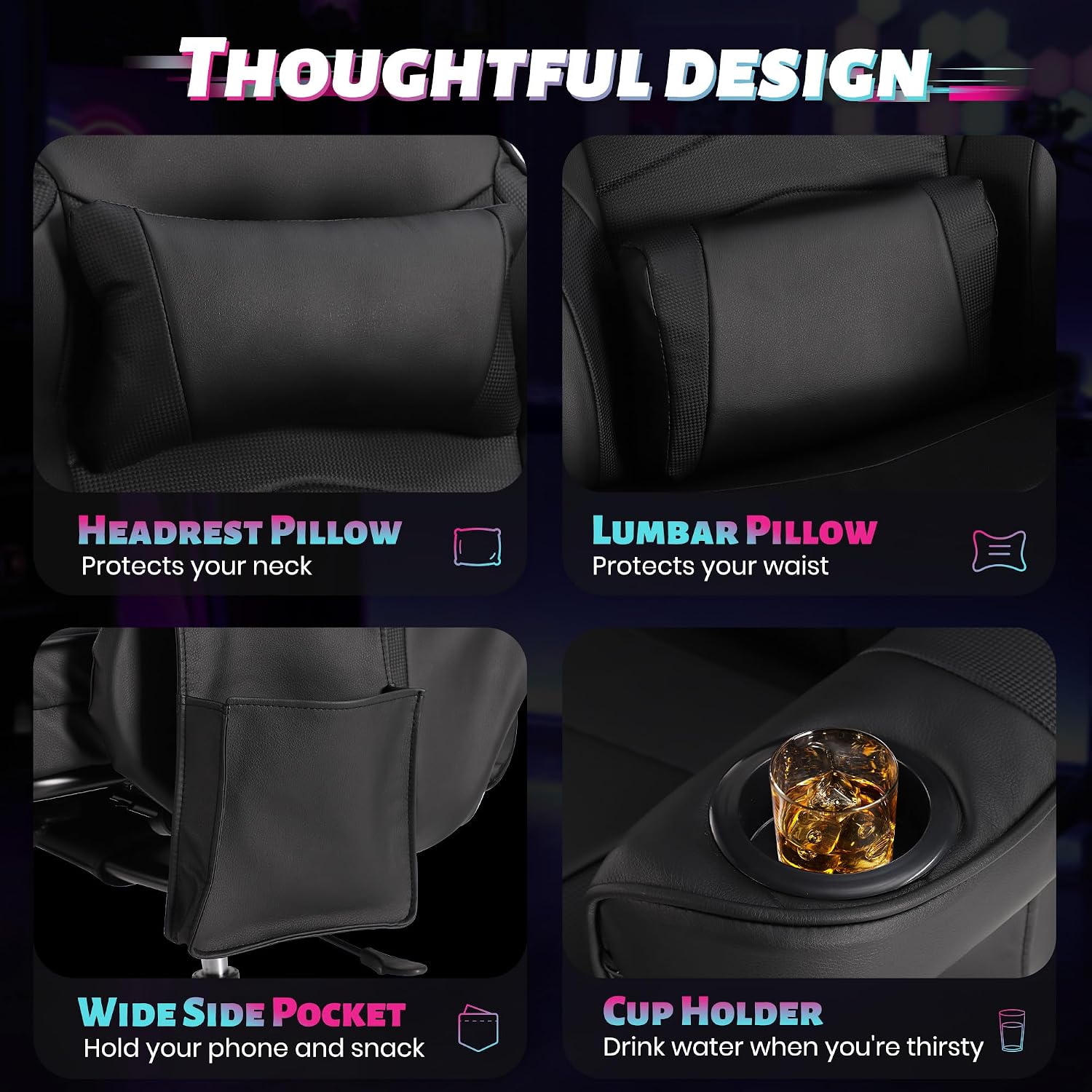 Game Reclining Chair with Adjustable Height, PU Gaming Chair with Massage, Long Footrest and Lumbar Support, High Back Swivel Computer Game Chair for Adult(Black)