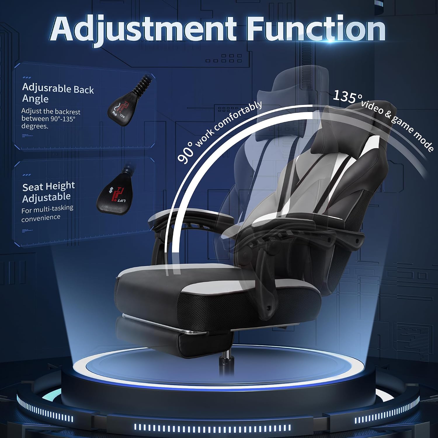 SUNLEI Gaming Chair for Adults, Ergonomic PU Leather Office Chair with Headrest & Footrest, Video Game Chairs with Massage Lumbar Support, Height Adjustable Computer Chair with 360° Swivel, White