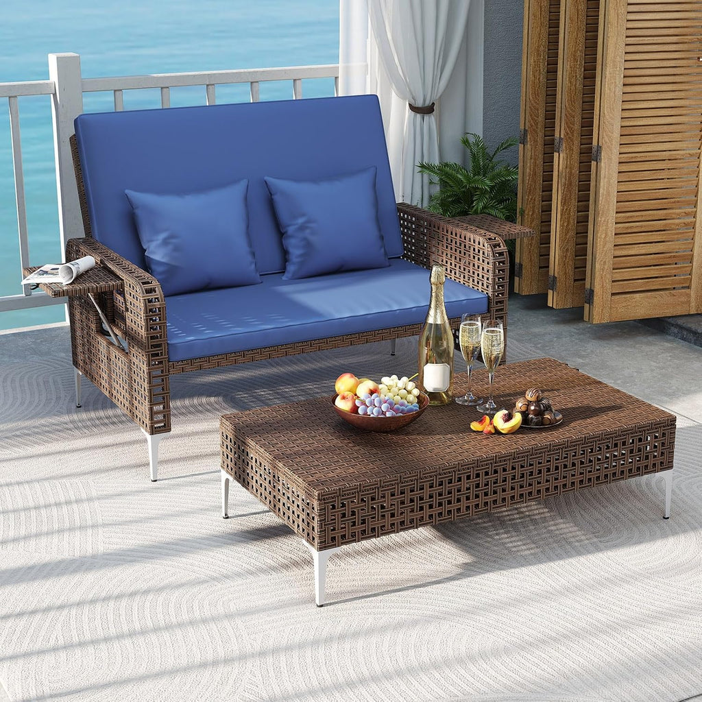 Tangkula Patio Rattan Daybed with 4-Level Adjustable Backrest, Boho Outdoor Wicker Loveseat & Storage Ottoman with Cushion, 2-Person Sun Lounger with Folding Tables for Poolside, Backyard & Garden
