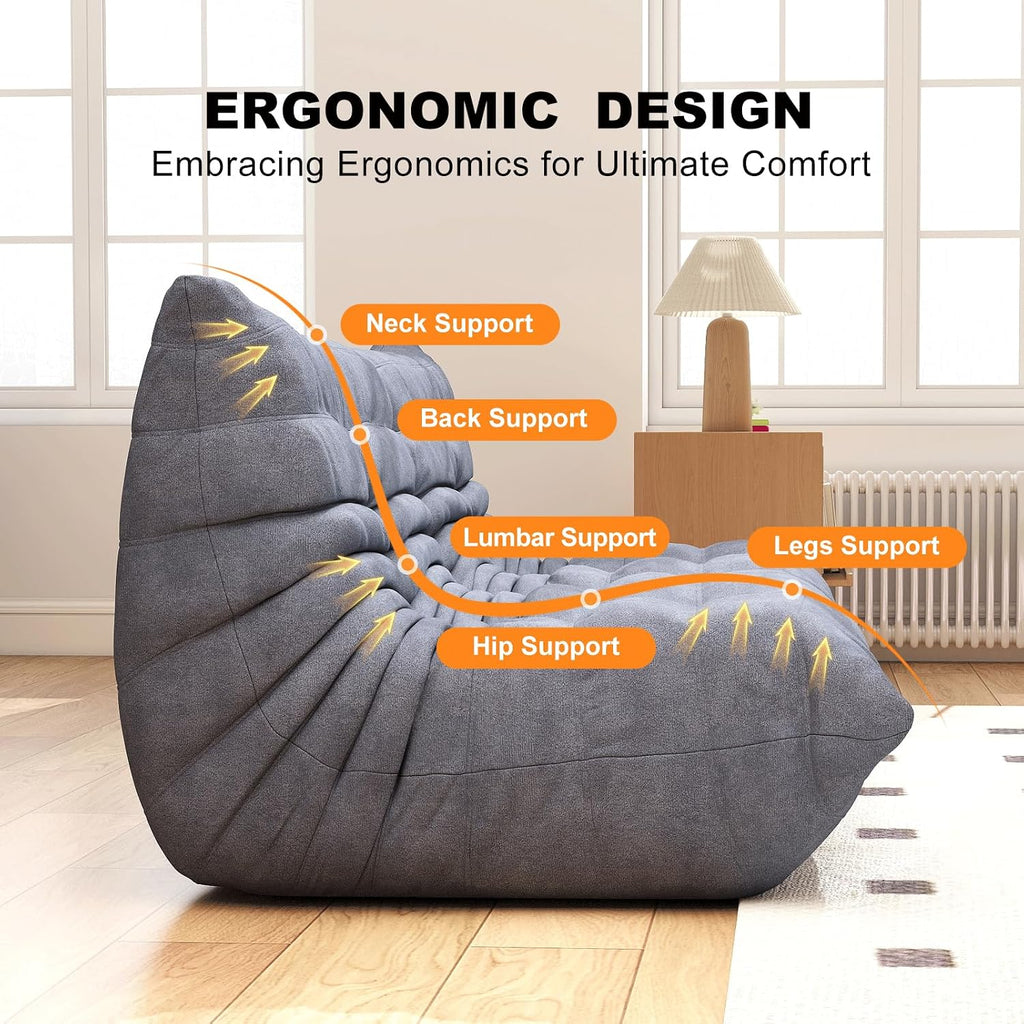 Full Foam Three Seater Sofa – Bean Bag Chairs Floor Couch for Adults, Waterproof Upholstery, Armless Fireside Lounge Chair for Living Room, Apartment, or Office (Grey)