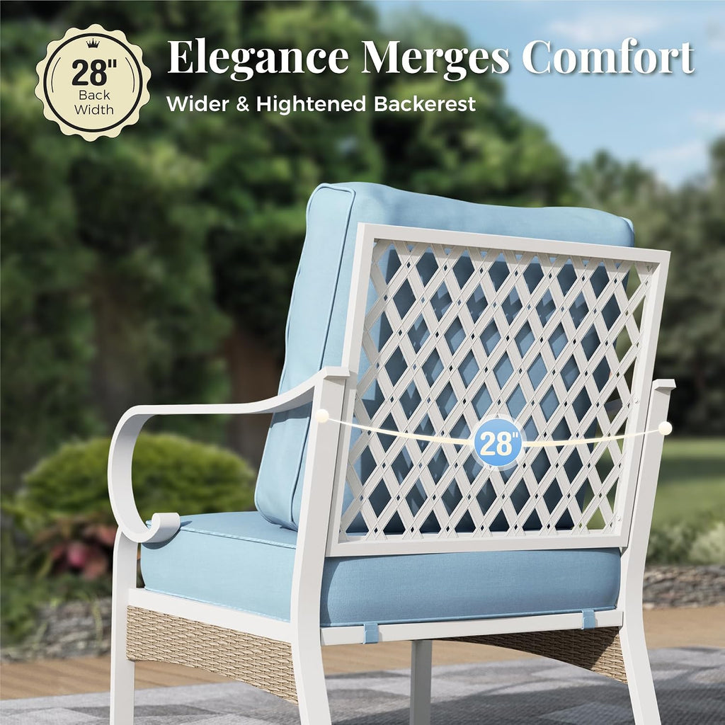 4 Piece Metal Patio Furniture Set, 5-Seat All Weather Outdoor Conversation Set with 3-Seat Sofa & 2 Fixed Chairs & 47'' Coffee Table, Outdoor Furniture Set for Backyard, Deck, Garden, White/Blue