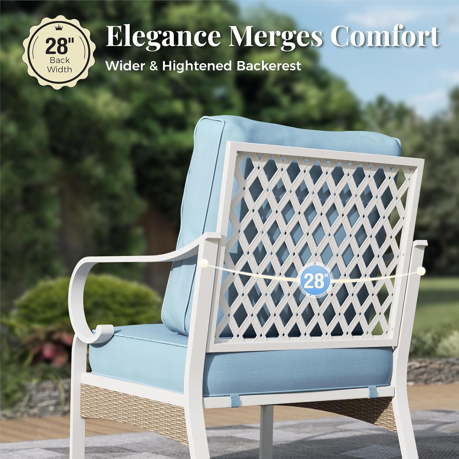 4 Piece Metal Patio Furniture Set, 5-Seat All Weather Outdoor Conversation Set with 3-Seat Sofa & 2 Fixed Chairs & 47'' Coffee Table, Outdoor Furniture Set for Backyard, Deck, Garden, White/Blue