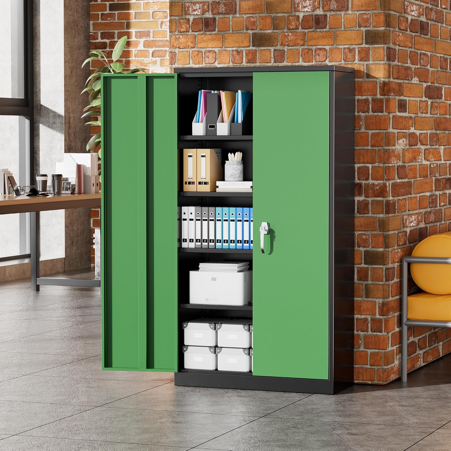 Greenvelly Metal Storage Cabinet, 72' Locking Metal Garage Storage Cabinet with Doors and 4 Adjustable Shelves, Lockable Steel Cabinet for Home Office, Garage, Shop, School (Green 36' W x 18' D)