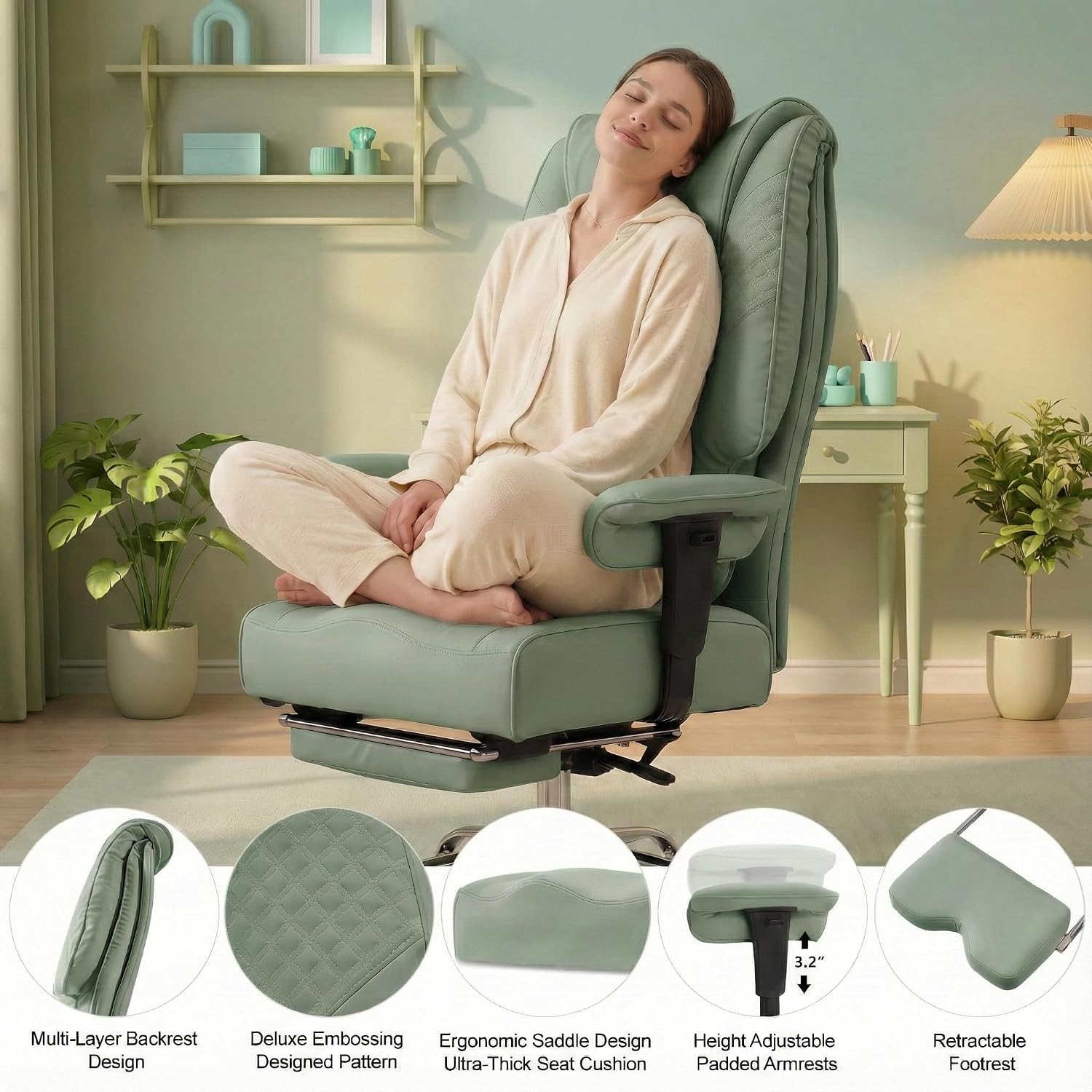 EXCEBET Big and Tall Office Chair 400lbs Wide Seat, Leather High Back Executive Office Chair with Foot Rest, Ergonomic Chairs Lumbar Support for Lower Back Pain Relief (Light Green)
