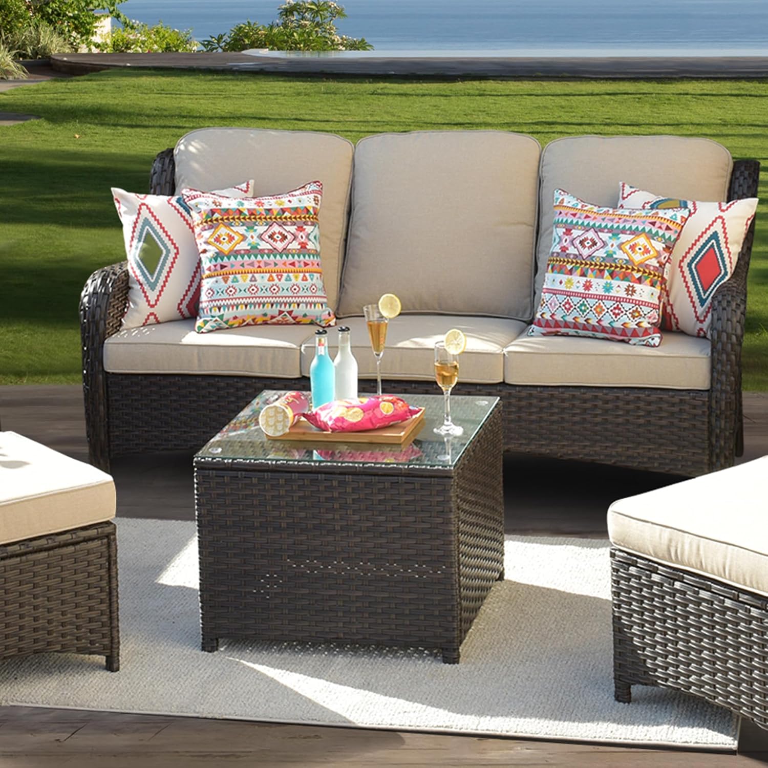 ovios Outdoor Side Table with Tempered Glass Top, Patio Wicker Rattan Coffee End Tables for All-Weather Porch Deck Balcony Garden Poolside (Brown-Medium Size)