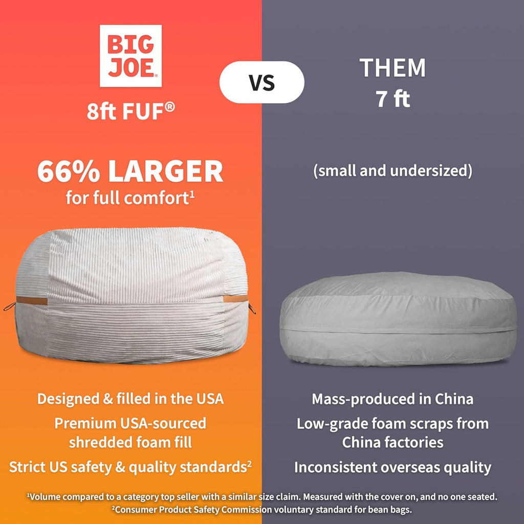 Big Joe Fuf 8Ft Giant Foam Bean Bag Chair, Oversized Couch with Removable Cover for Kids, Teens, Adults, Deep Sea Velveteen, Durable Woven Polyester, 8 Foot